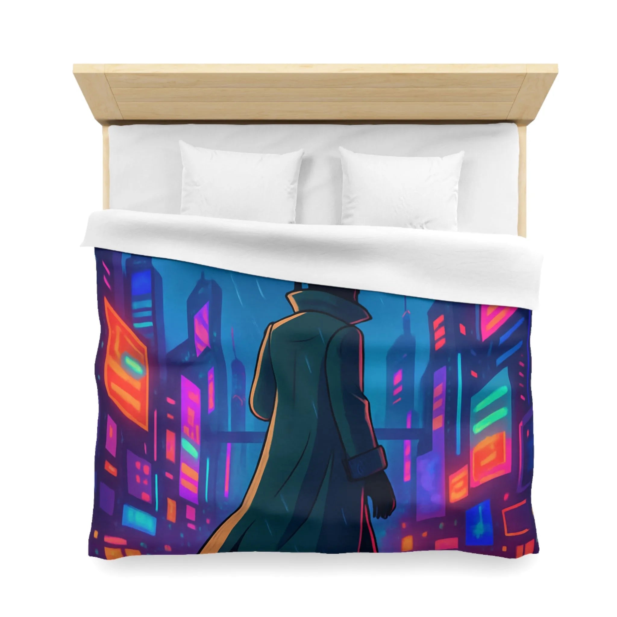 Housse de Couette Design Futuriste Ville Néon avec Parapluie et Pluie Nocturne