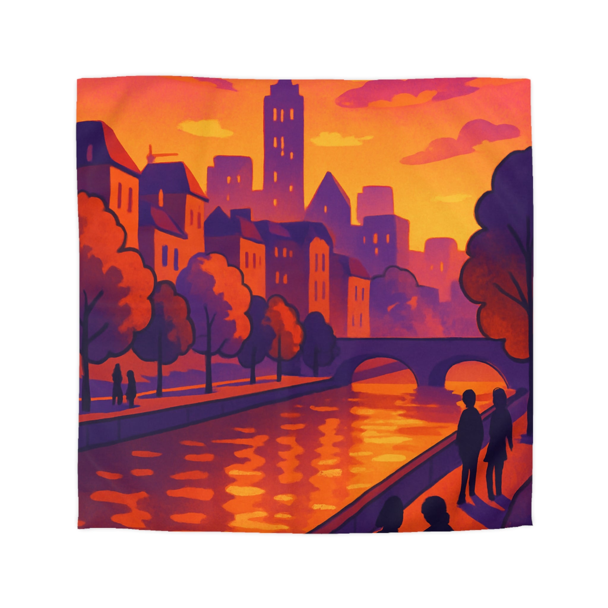 Vibrant paysage urbain crépusculaire avec silhouettes et rivière pour housse de couette