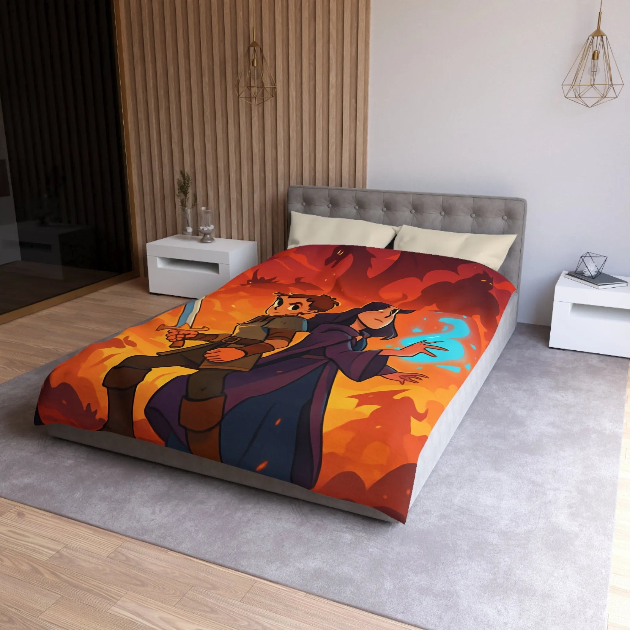 Housse de couette épique, jeunes aventuriers et dragons incandescents en fantaisie captivante