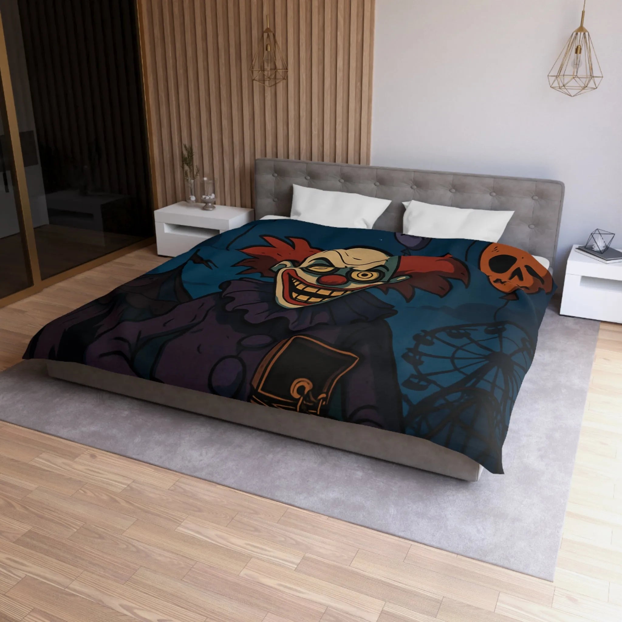 Housse de couette effrayante de clown sinistre avec ballons et fête foraine sombre