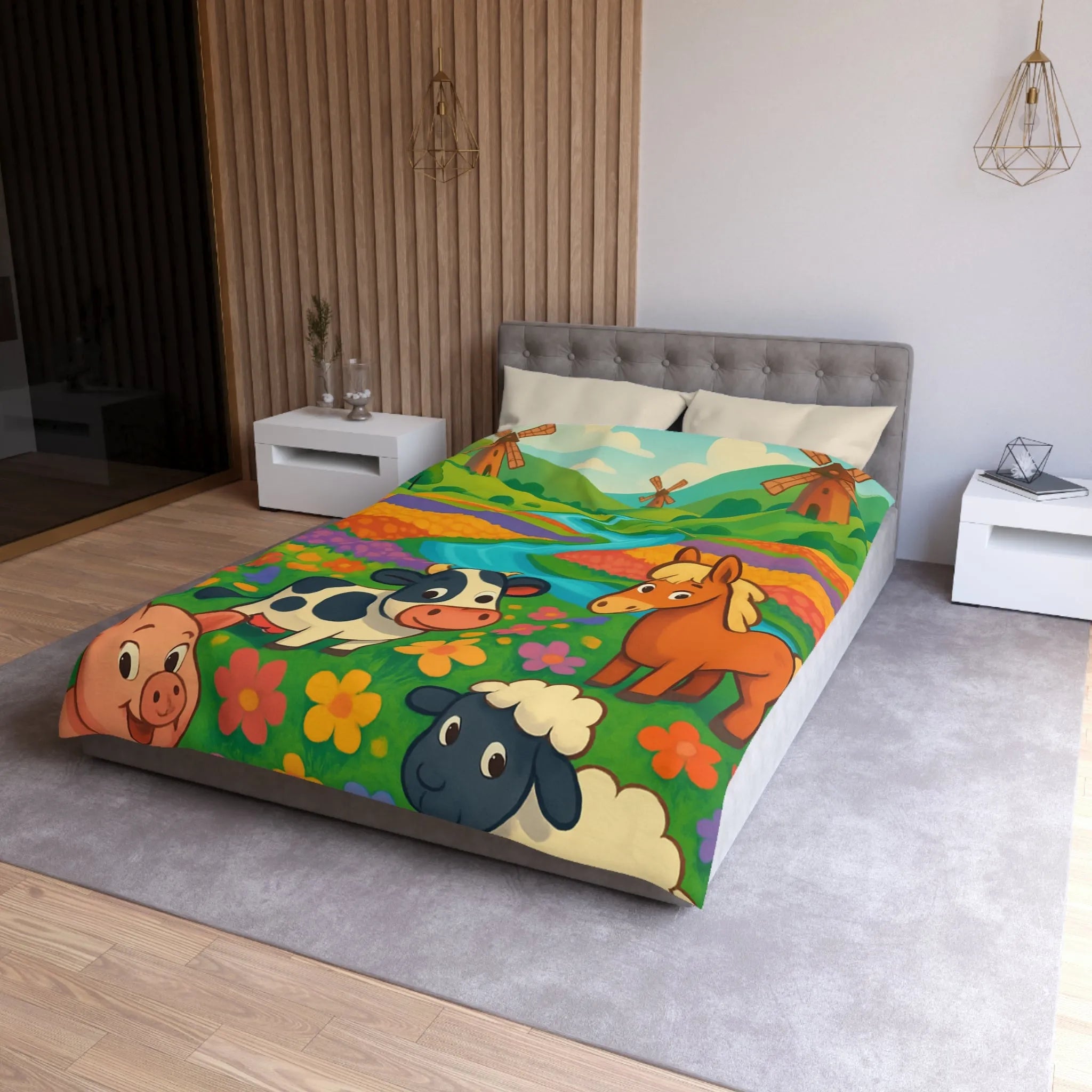 Housse de couette enfantine illustrée animaux de ferme joyeux et paysage champêtre coloré