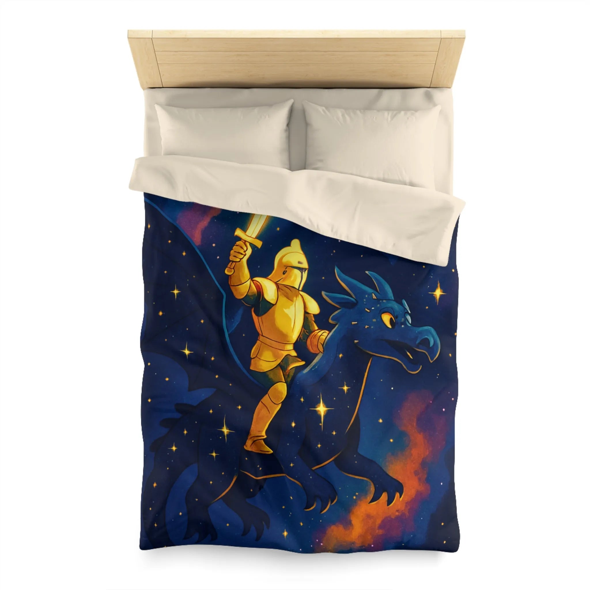 Housse de couette avec chevalier et dragon volant sous étoiles et château magique
