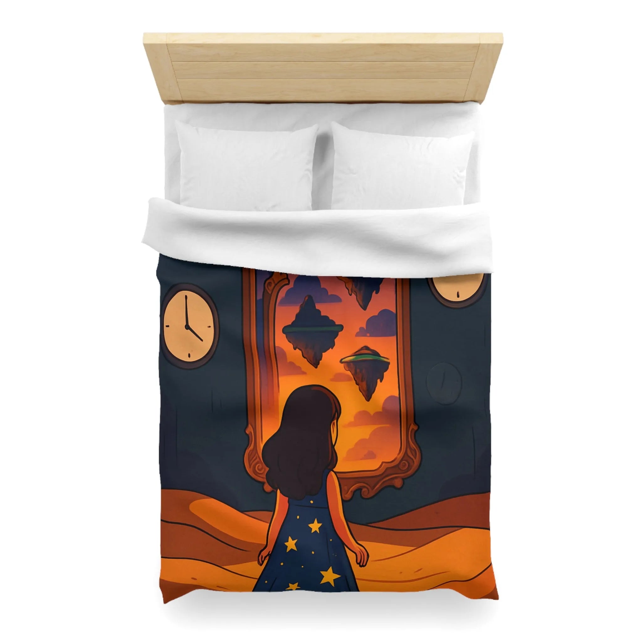 Housse de couette magique: paysage flottant, horloges rêveuses et fille contemplative