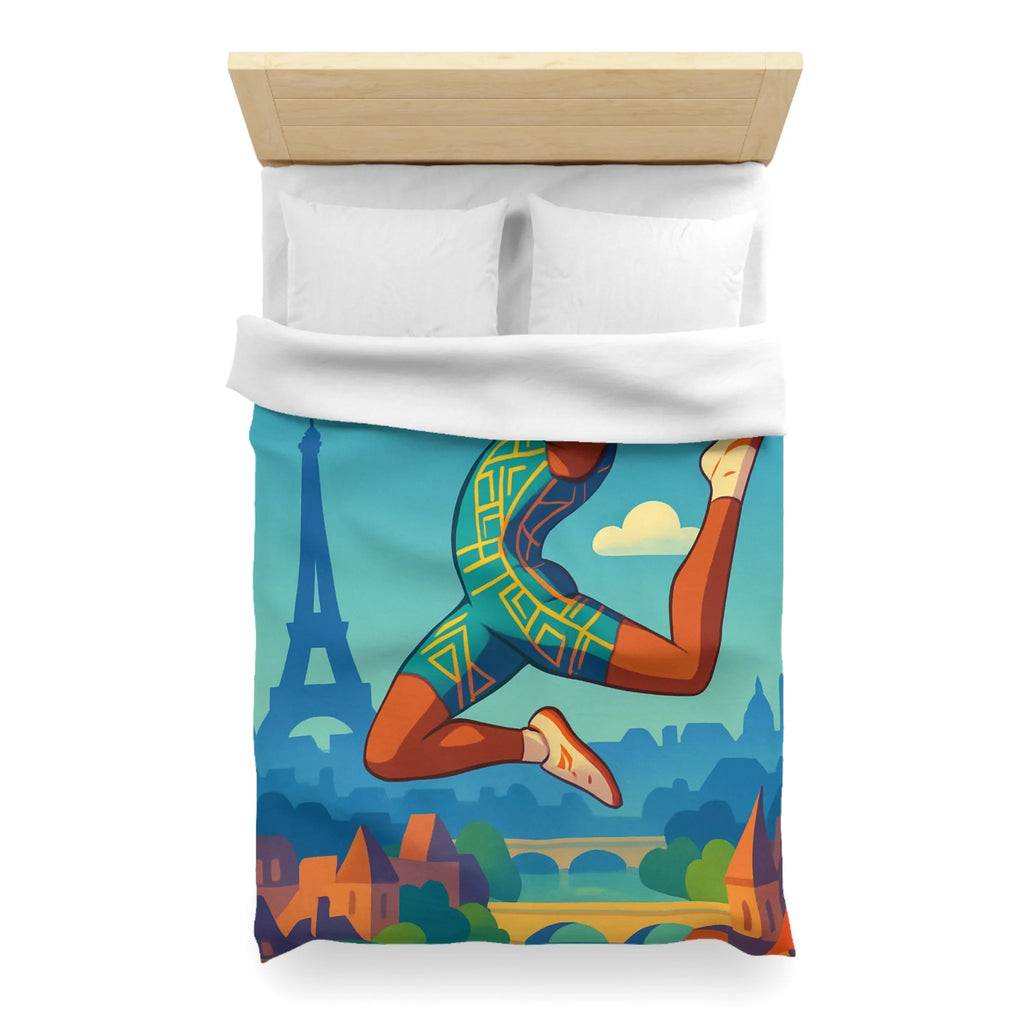 Housse de couette athlète sautant en ville avec ciel bleu et monuments célèbres