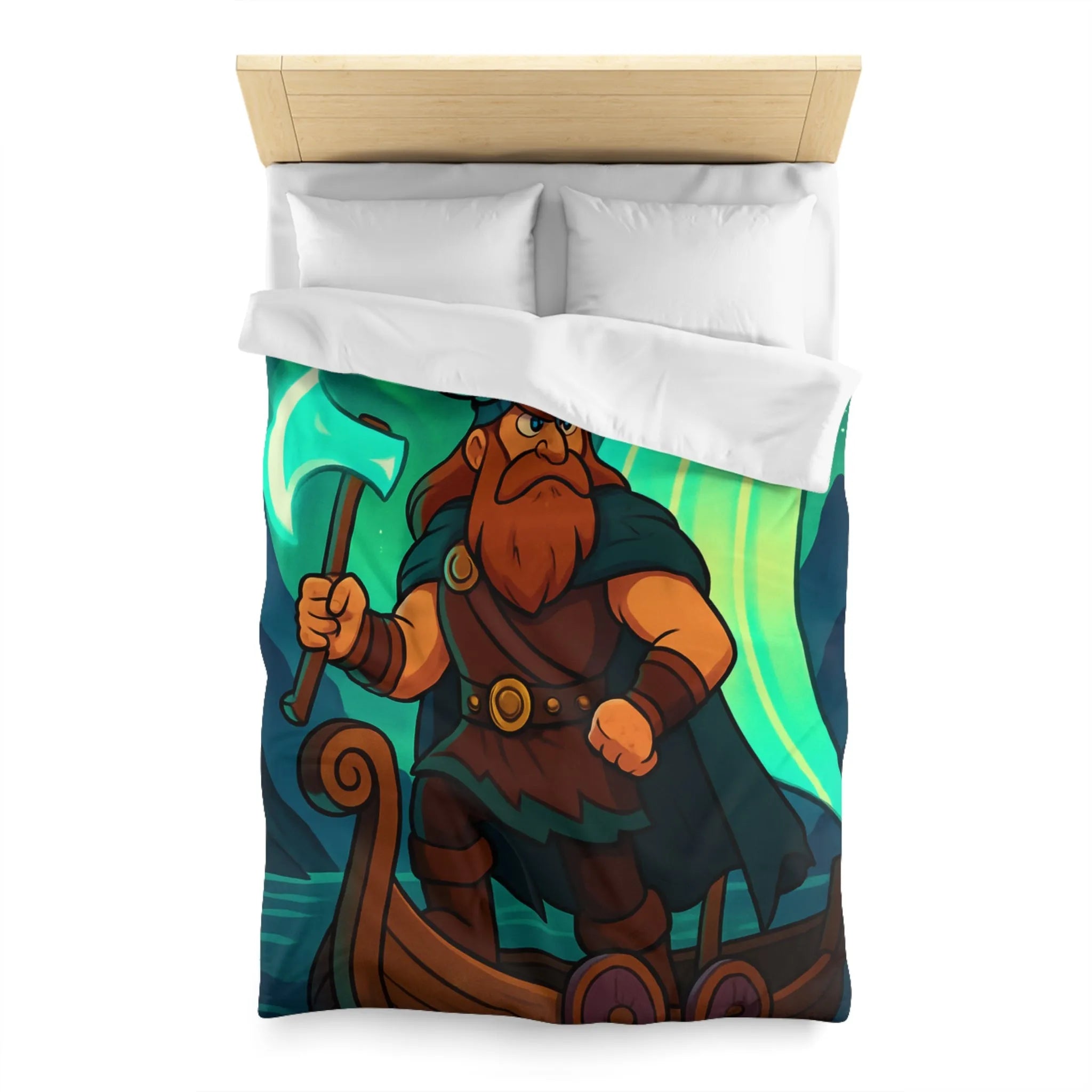 Housse de couette épique viking avec aurore boréale et bateau en pleine mer