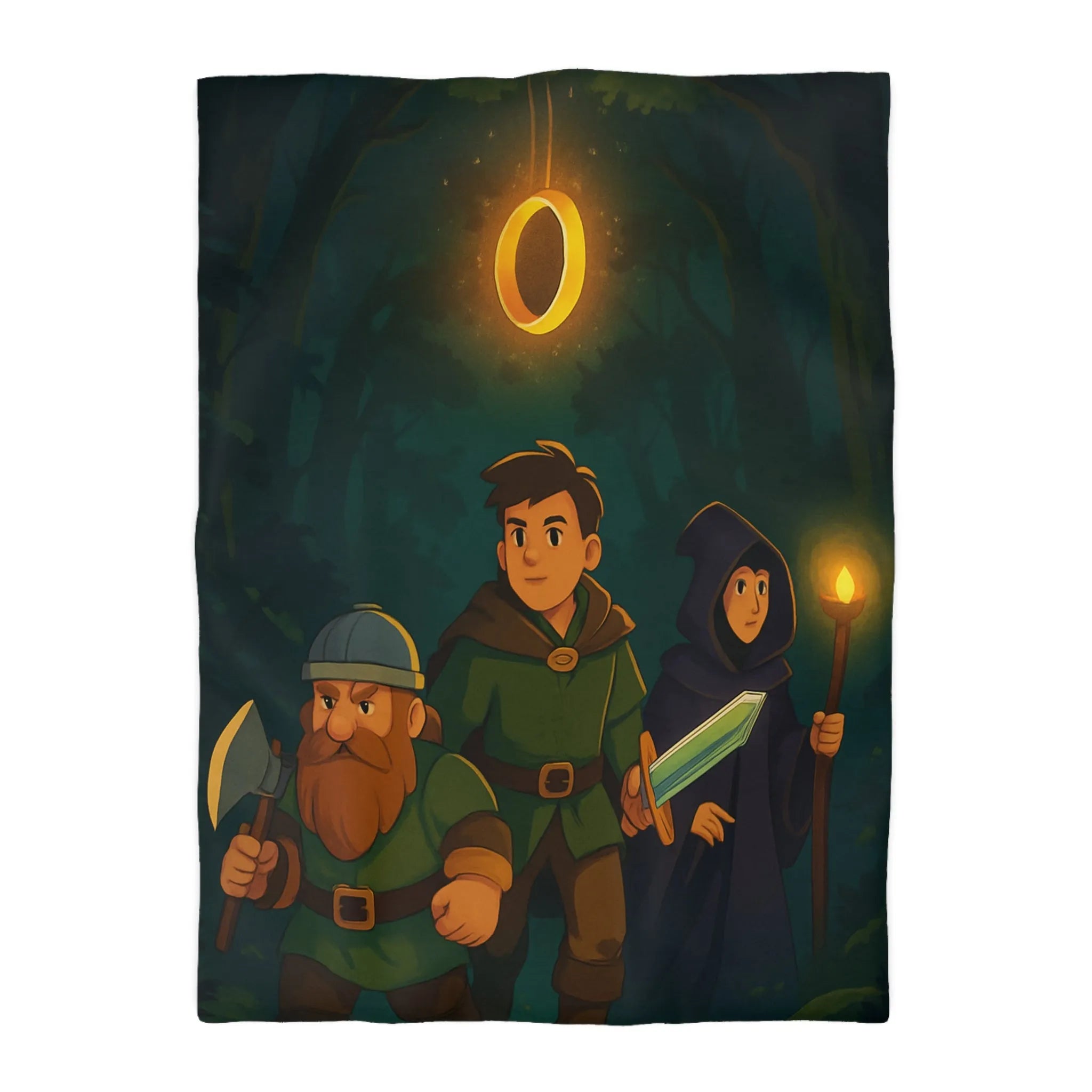 Housse de couette aventure épique forêt pour enfants avec personnages et anneau magique
