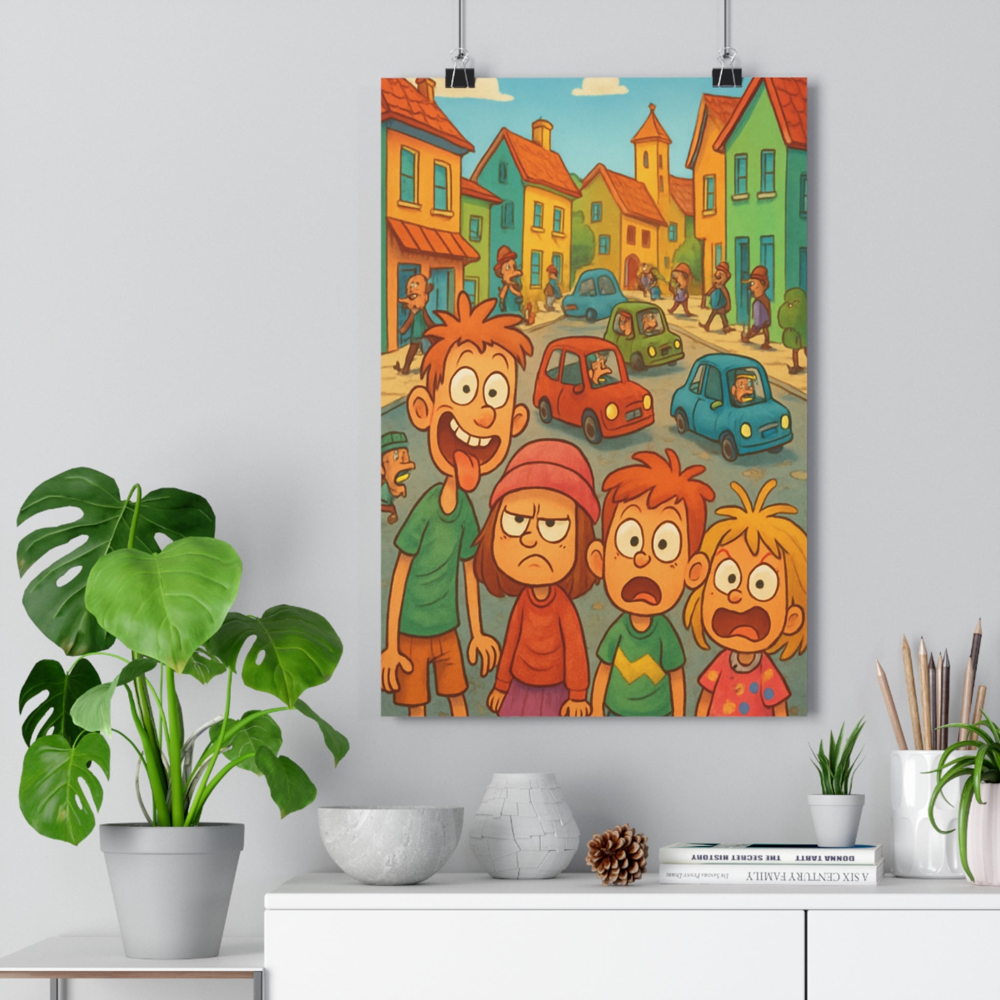 Poster décoratif animé cartoon coloré joyeux enfant chambre salon bleu rouge vert expressions exagérées