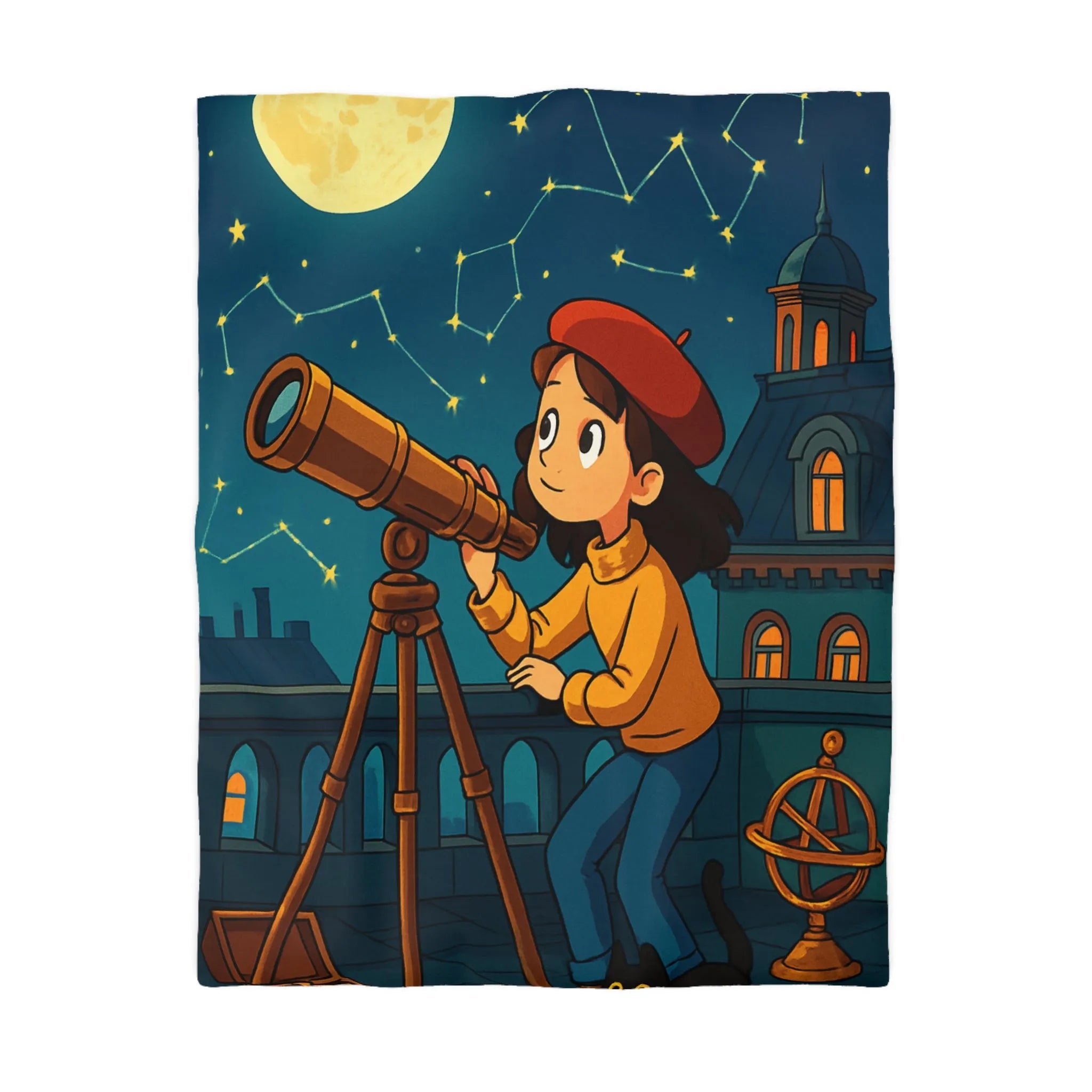 Housse de Couette Enfant Astronome avec Télescope, Ciel Étoilé Magique et Constellations