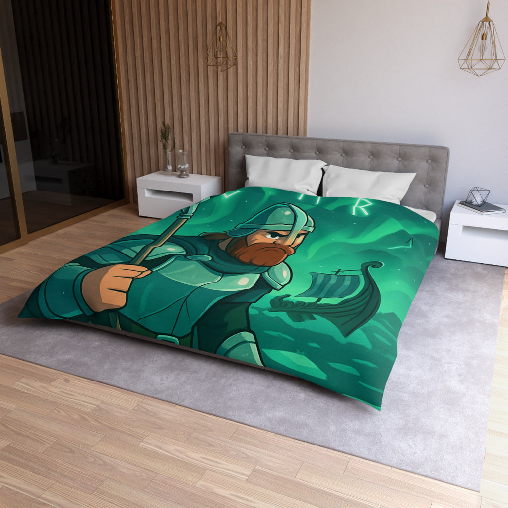 Housse de Couette Viking Vert Émeraude avec Guerrier et Aurores Boréales pour Chambre