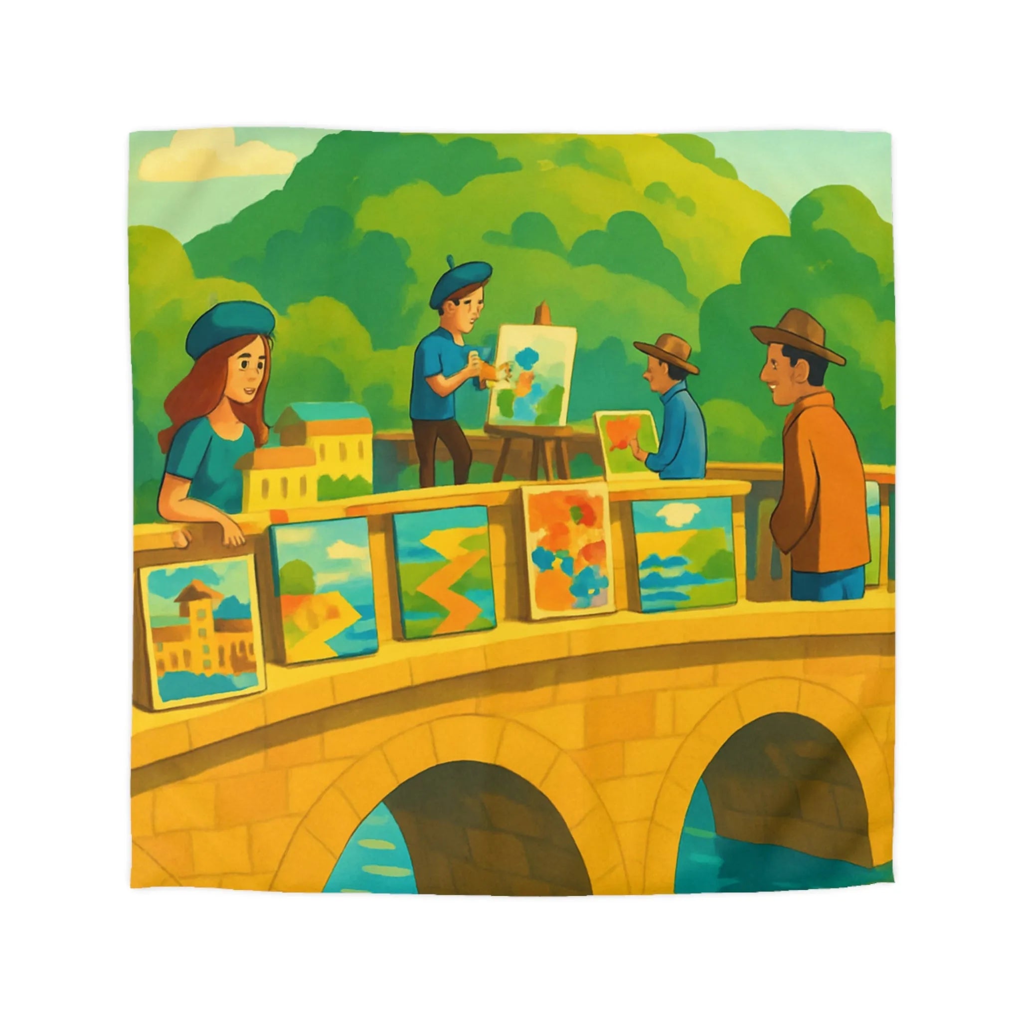 Housse de couette colorée thème pont artistique avec moulins à vent et paysage