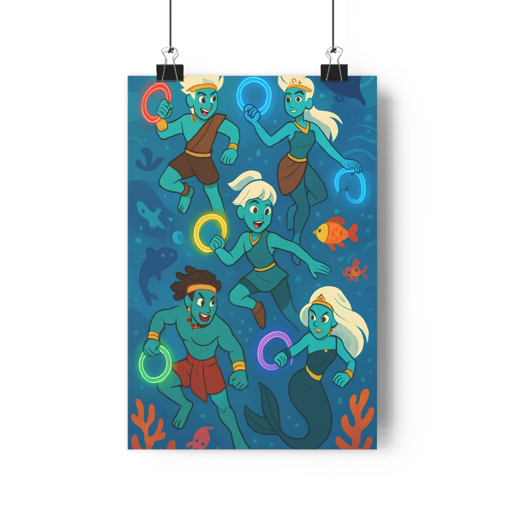 Poster décoratif fantastique bleu rouge jaune vert mythologie aquatique lumineux chambre enfant mystique aventure