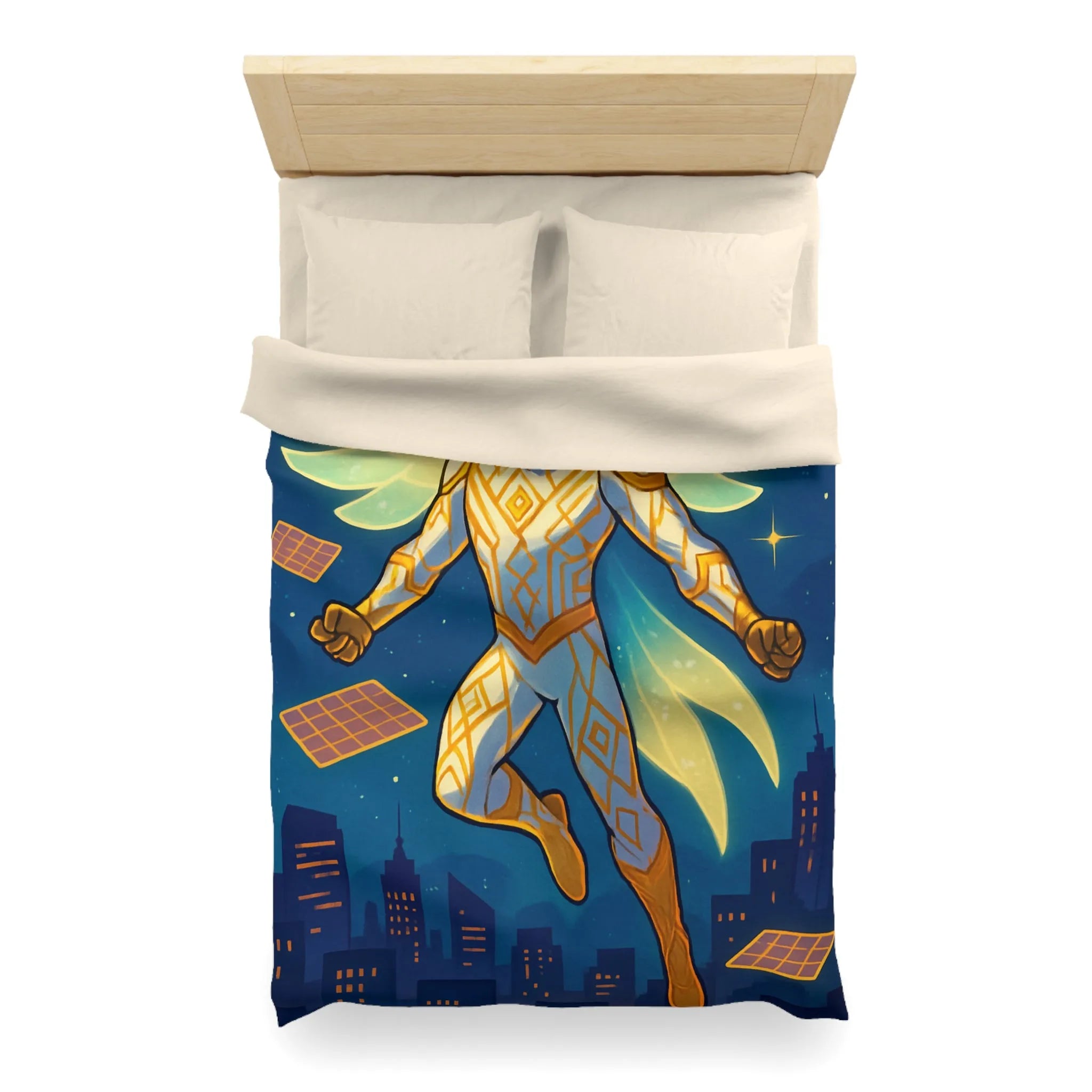 Housse de couette avec héros ailé lumineux sur ciel étoilé et ville futuriste