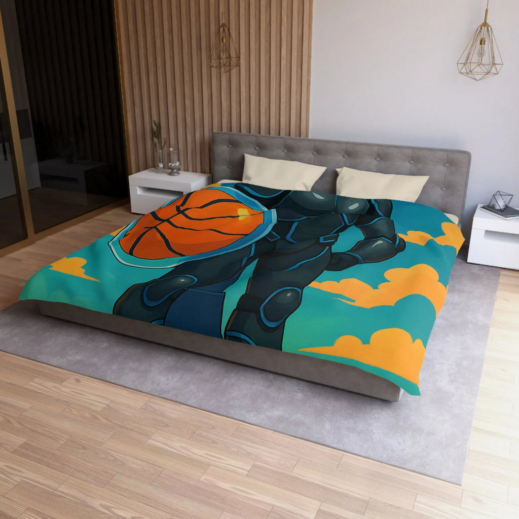 Housse de couette avec illustration d'un joueur de basket héroïque sous un ciel vibrant