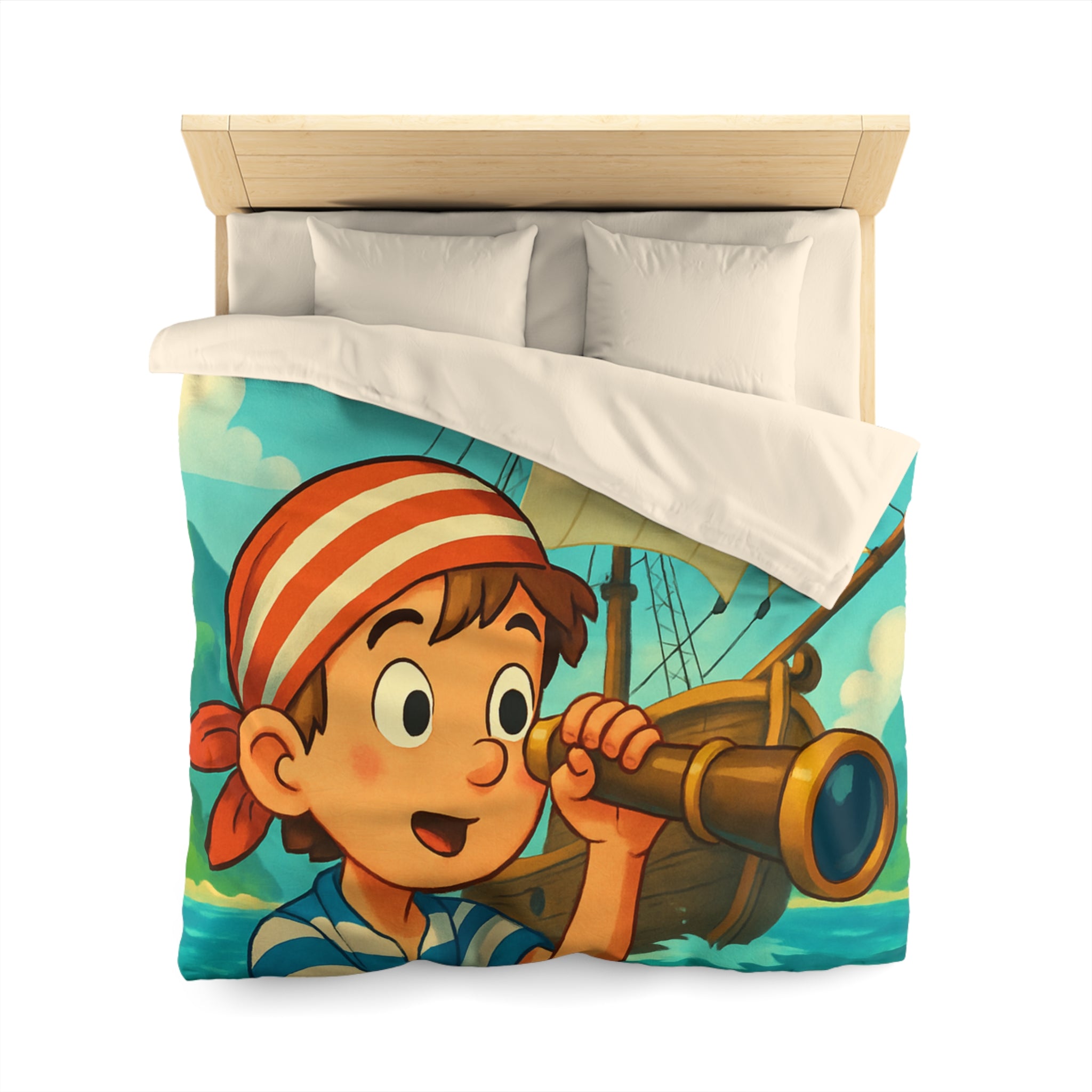 Housse de Couette Pirate Enfantine avec Bateau et Jumelles pour Chambre Aventure