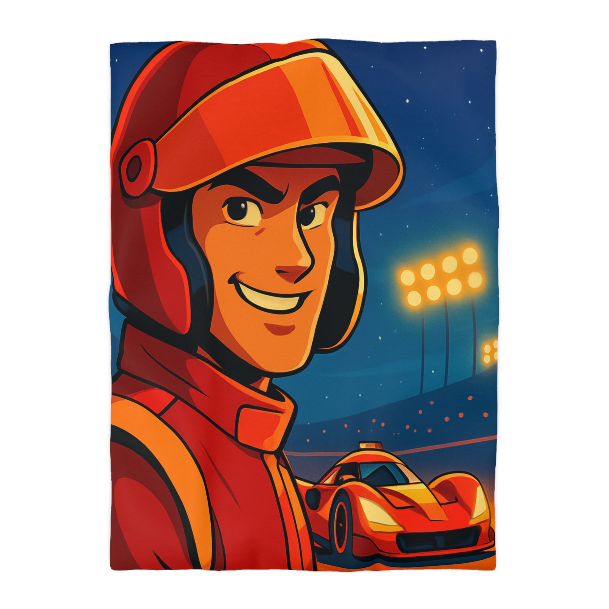 Housse de couette style course automobile avec pilote souriant et voiture rouge rapide