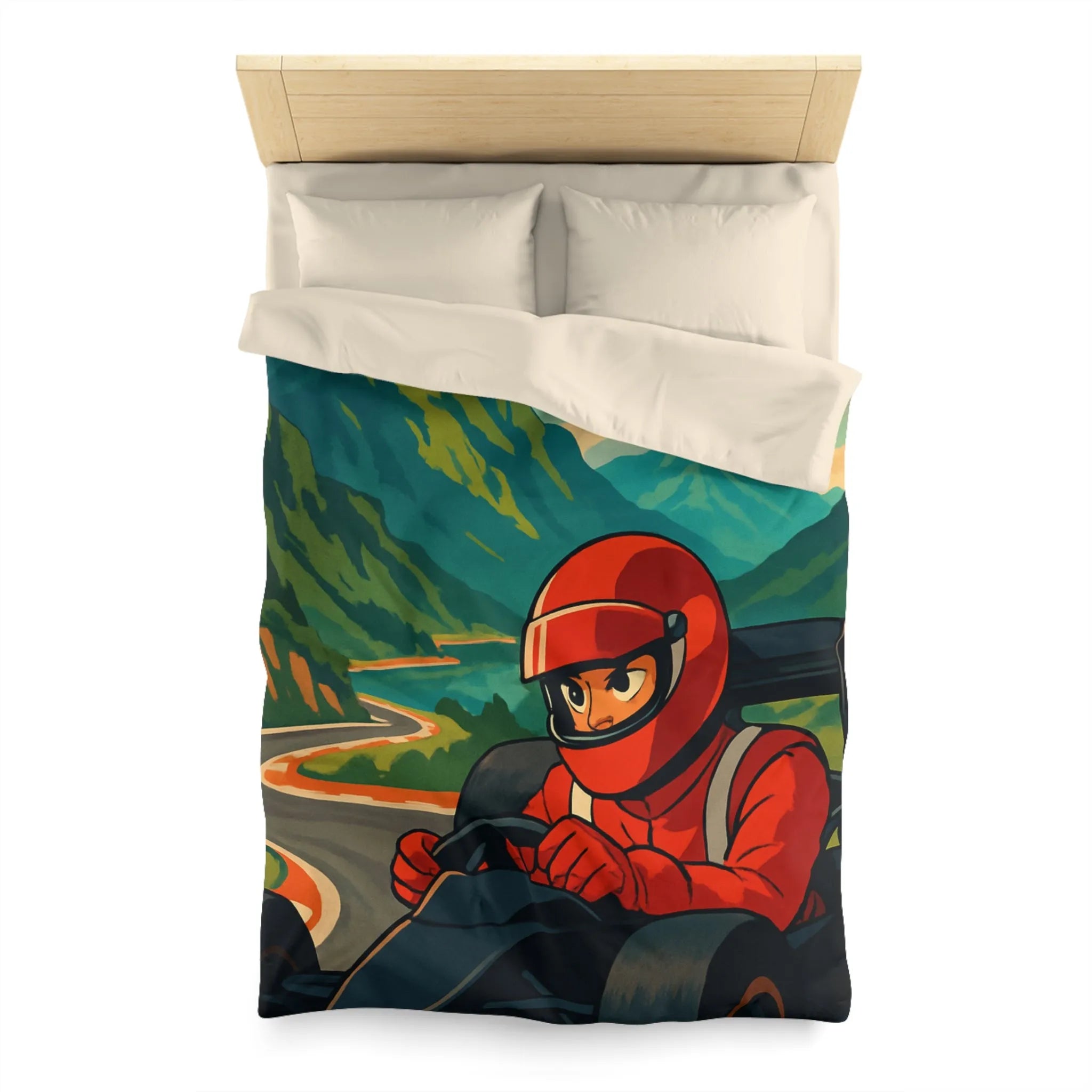 Housse de couette inspirée par une course en montagne avec conducteur en combinaison rouge