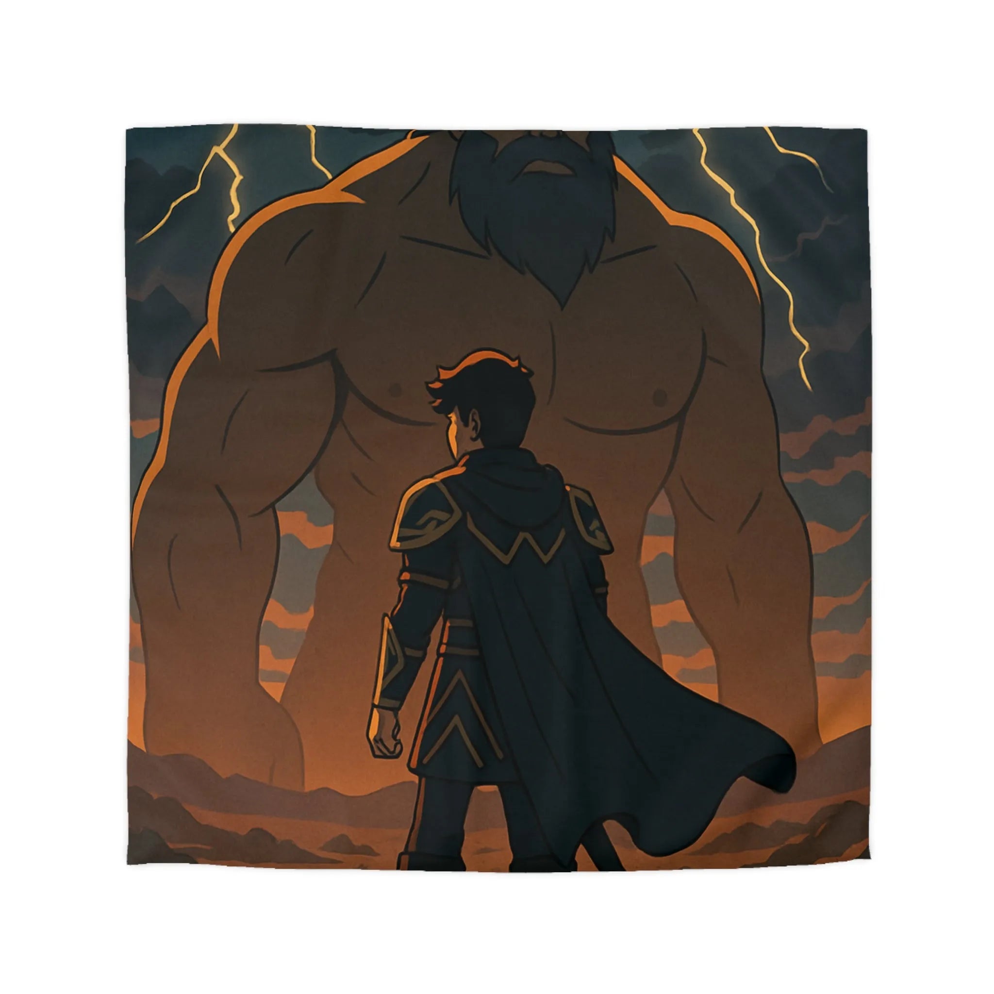 Housse de couette épique avec guerrier et géant sous orage électrique dramatique
