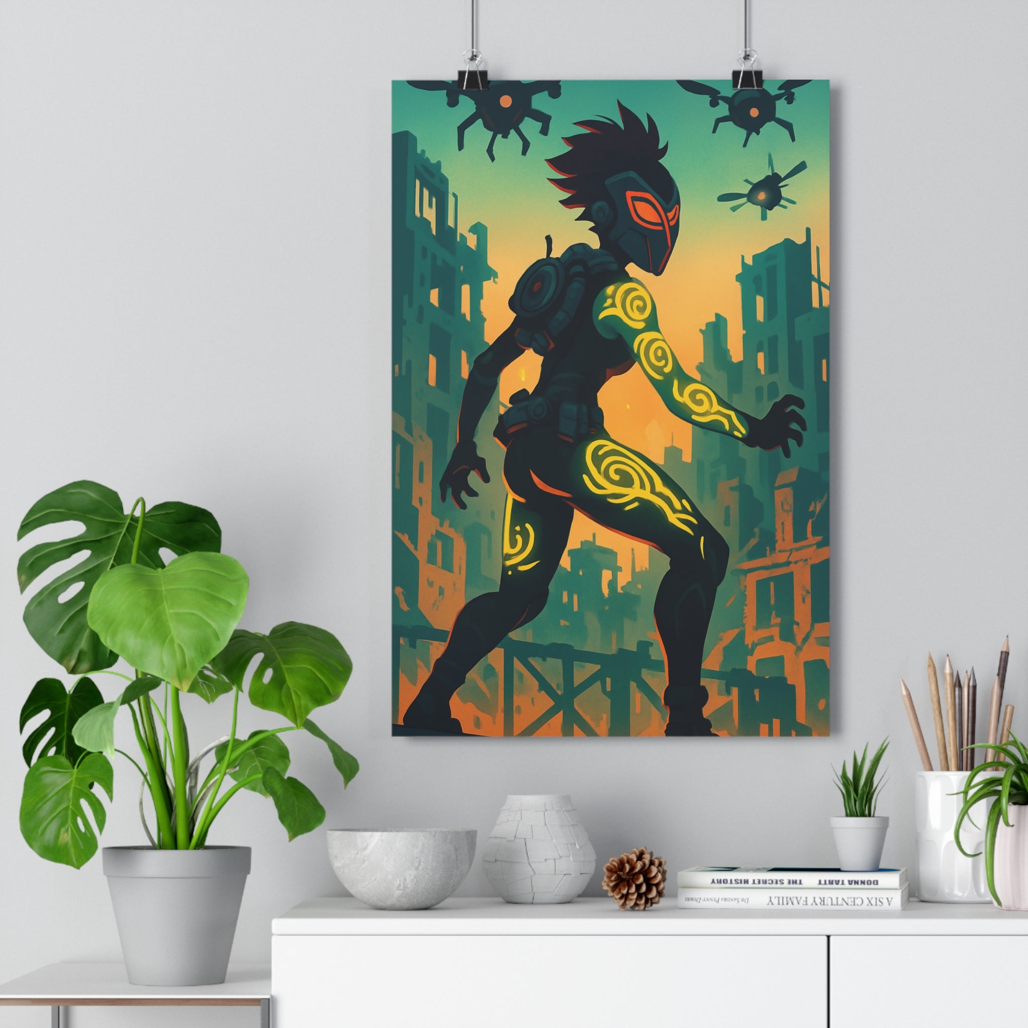 Poster décoratif moderne jaune vert apocalyptique urbain chambre salon futuriste intense mystérieux vibrant ambiance