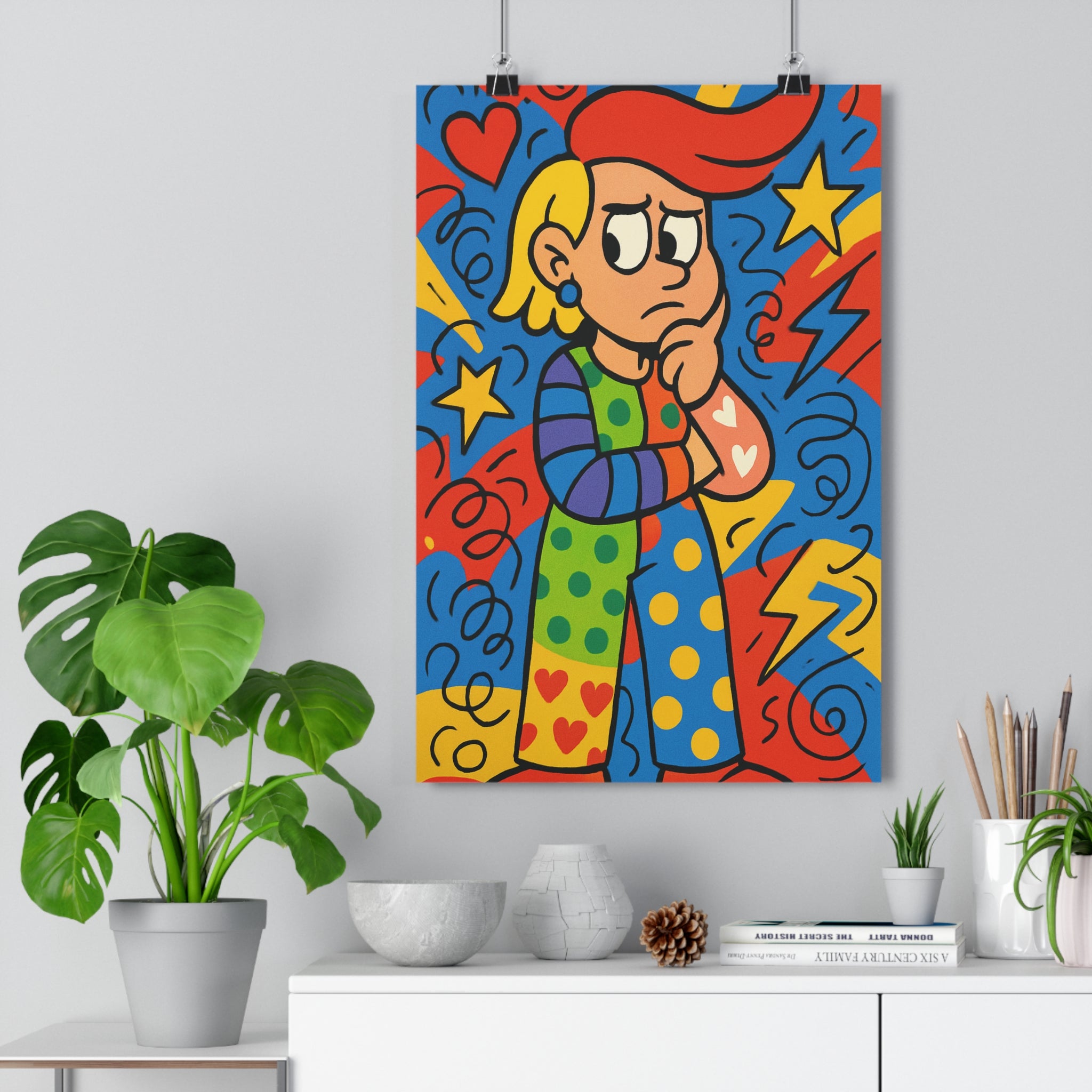 Poster décoratif cartoon pop art rouge bleu jaune vert ludique salon chambre vibrant unique