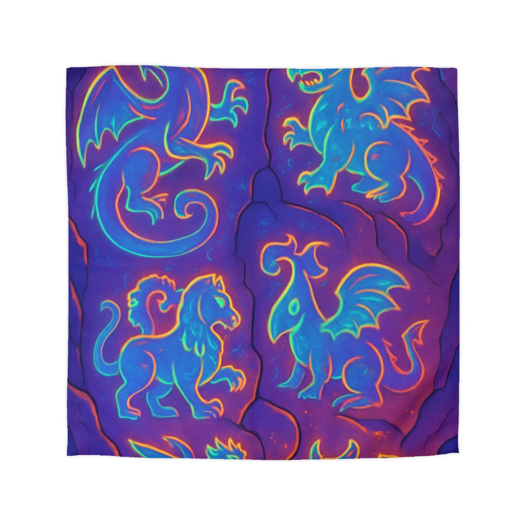 Housse de Couette Fantastique avec Dragons Lumineux en Style Néon Bleu et Orange