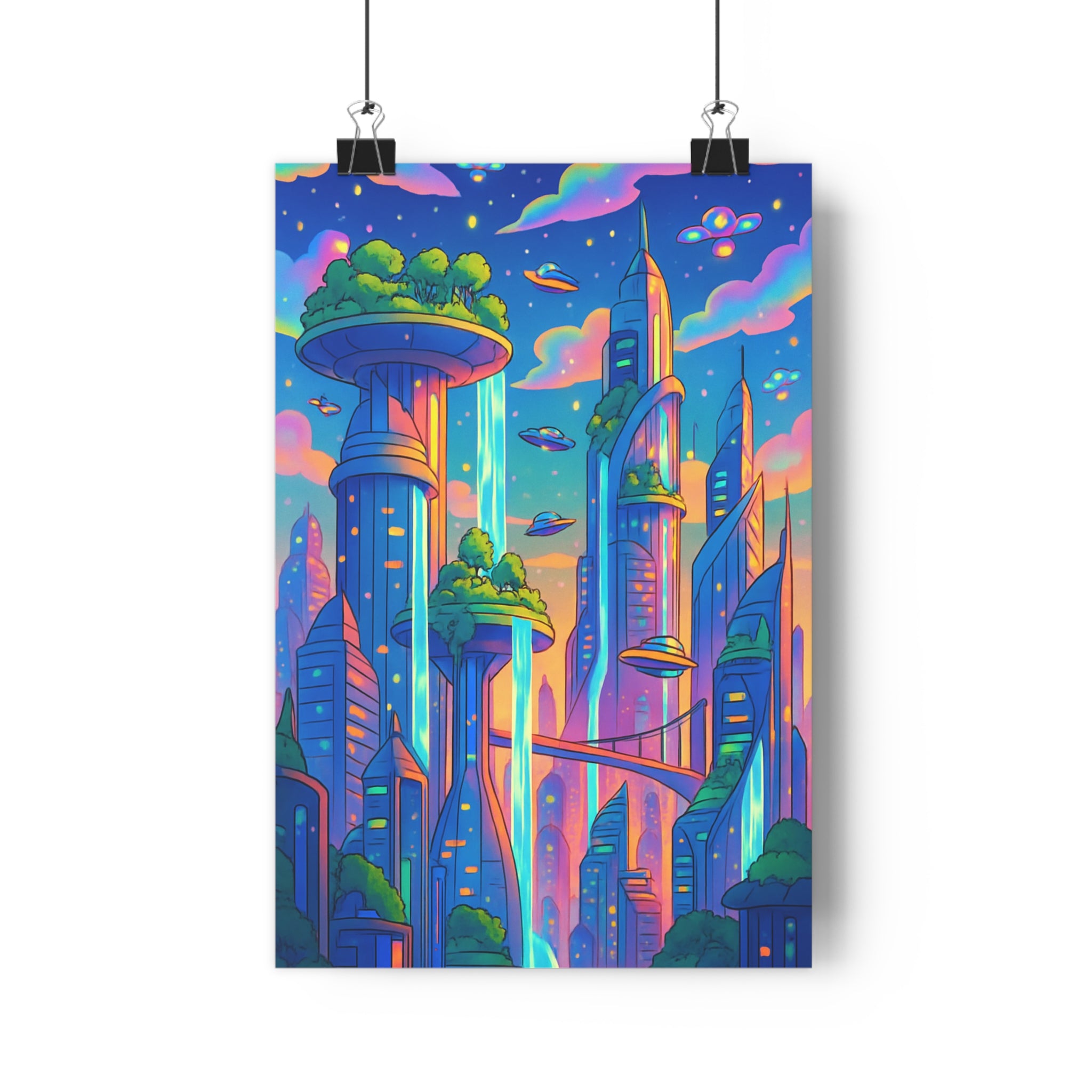 Poster décoratif urbain futuriste néon bleu rose vert animé moderne salon chambre vibrant qualité