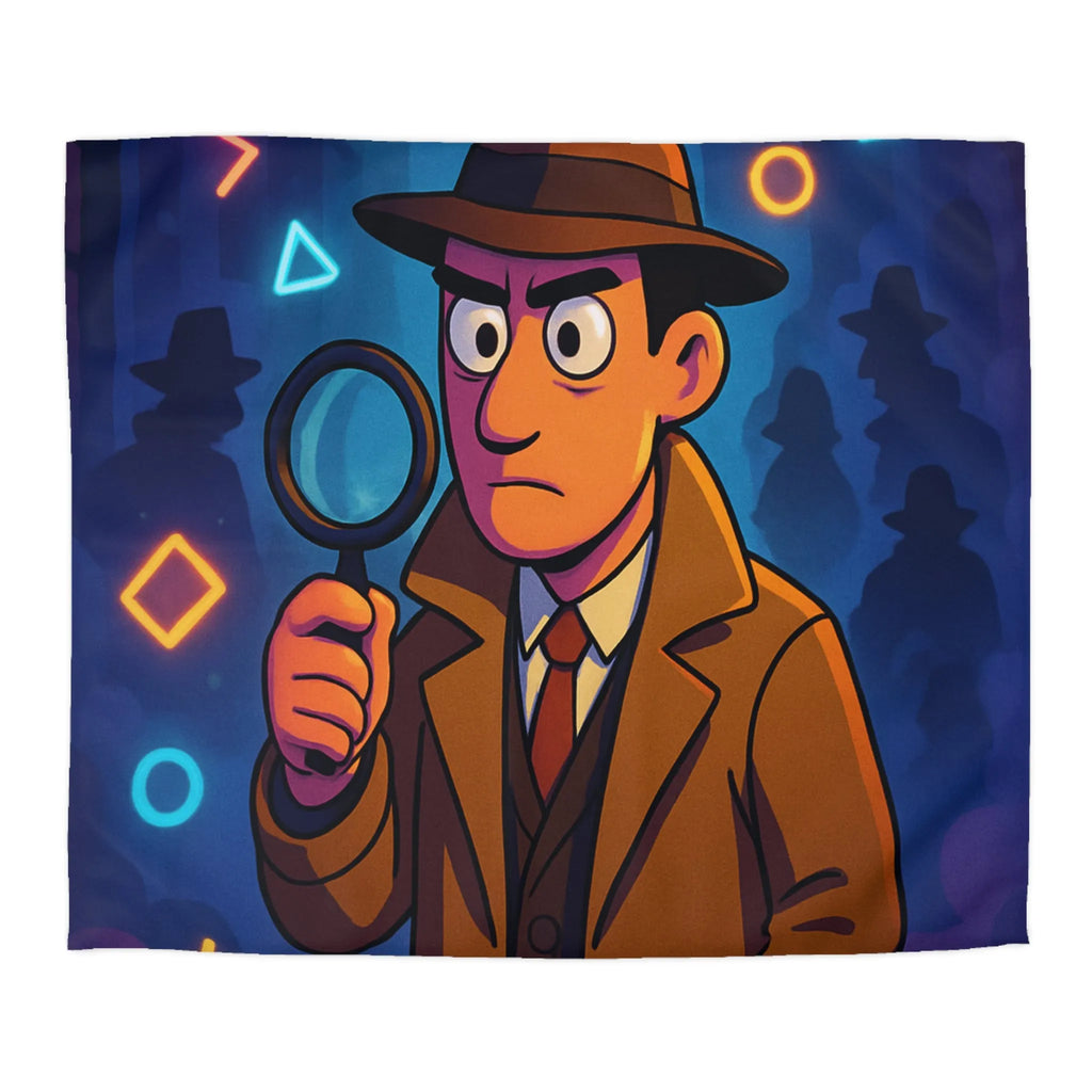 Housse de couette détective rétro avec formes géométriques colorées et ambiance nocturne mystérieuse