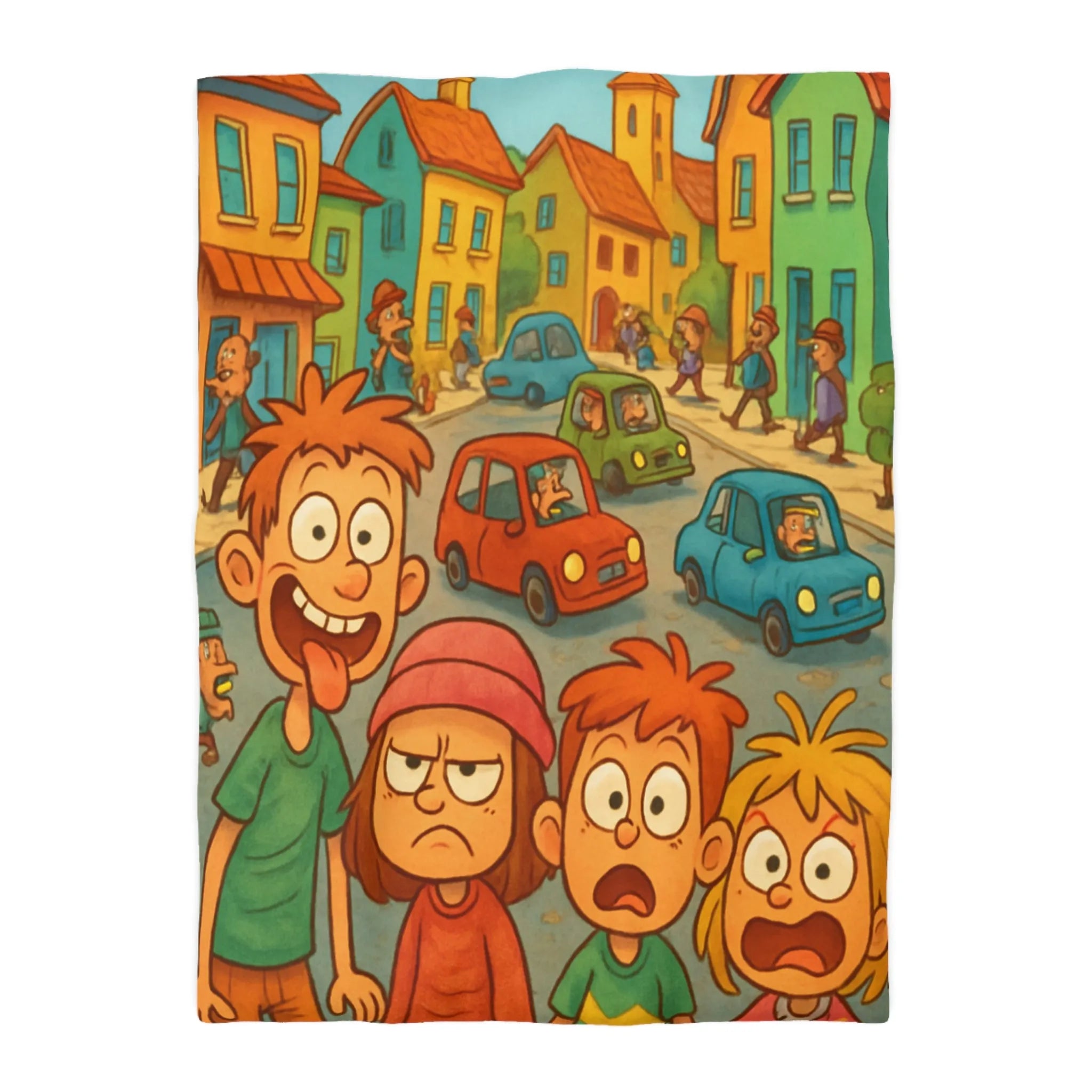 Housse de couette enfants joyeuse ville animée avec personnages colorés et expressions vives