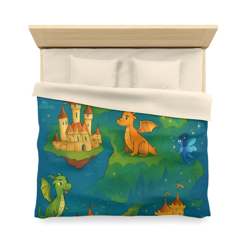 Housse de couette thématique féerique avec dragons, châteaux et un sorcier rêveur