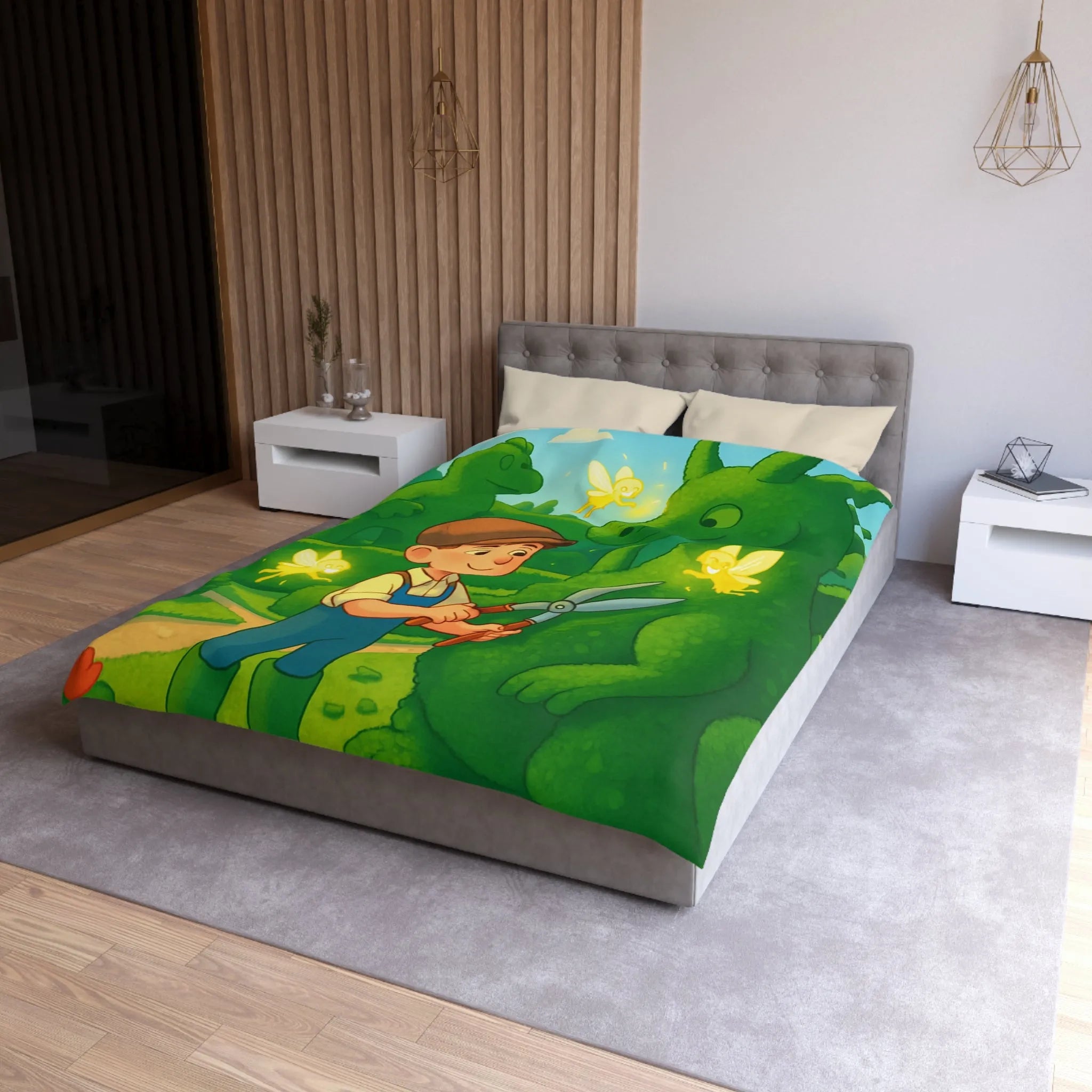 Housse de couette enfant dragon féérique avec jardin, verdure et ambiance magique naturelle