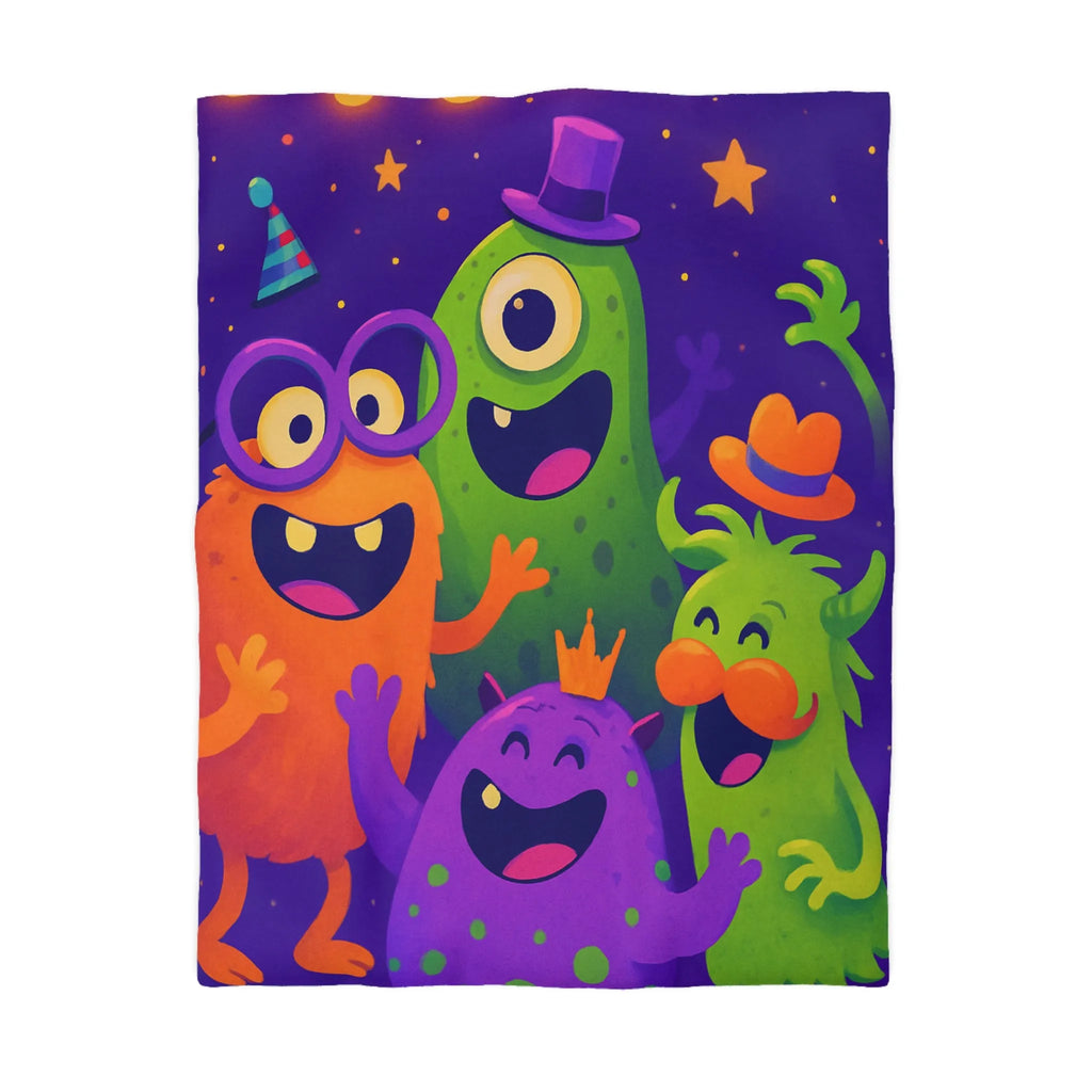 Housse de couette festive avec monstres colorés, ambiance joyeuse pour chambre d'enfant