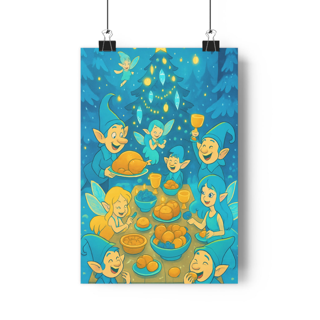 Poster décoratif fantasy créatures lutins fées bleu jaune magique joyeux cartoon Noël intérieur chambre
