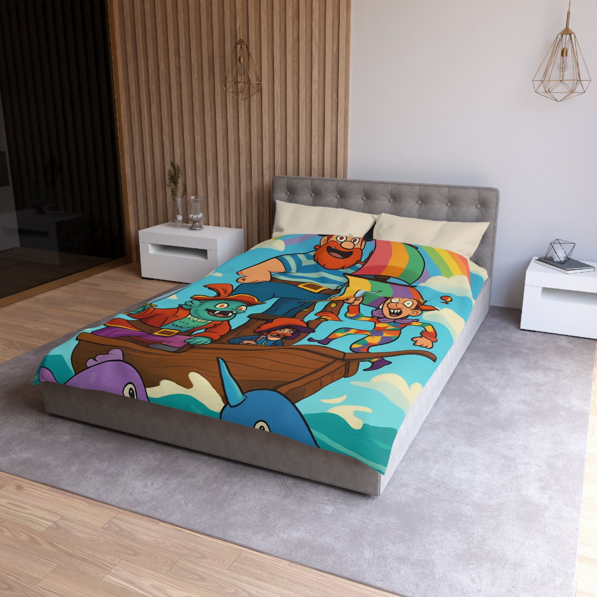 Housse de couette pirate joyeux arc-en-ciel colorée avec bateau pour enfant chambre