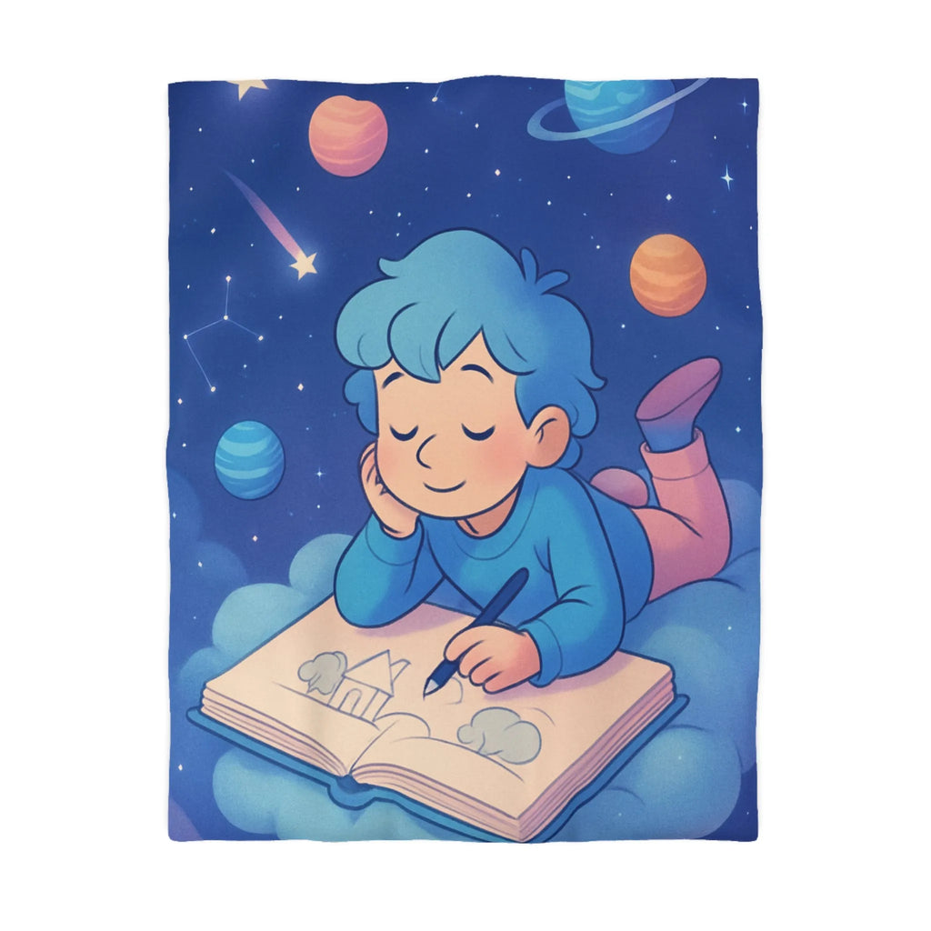 Housse de couette enfant rêve étoilé avec cosmos et garçon sur nuage