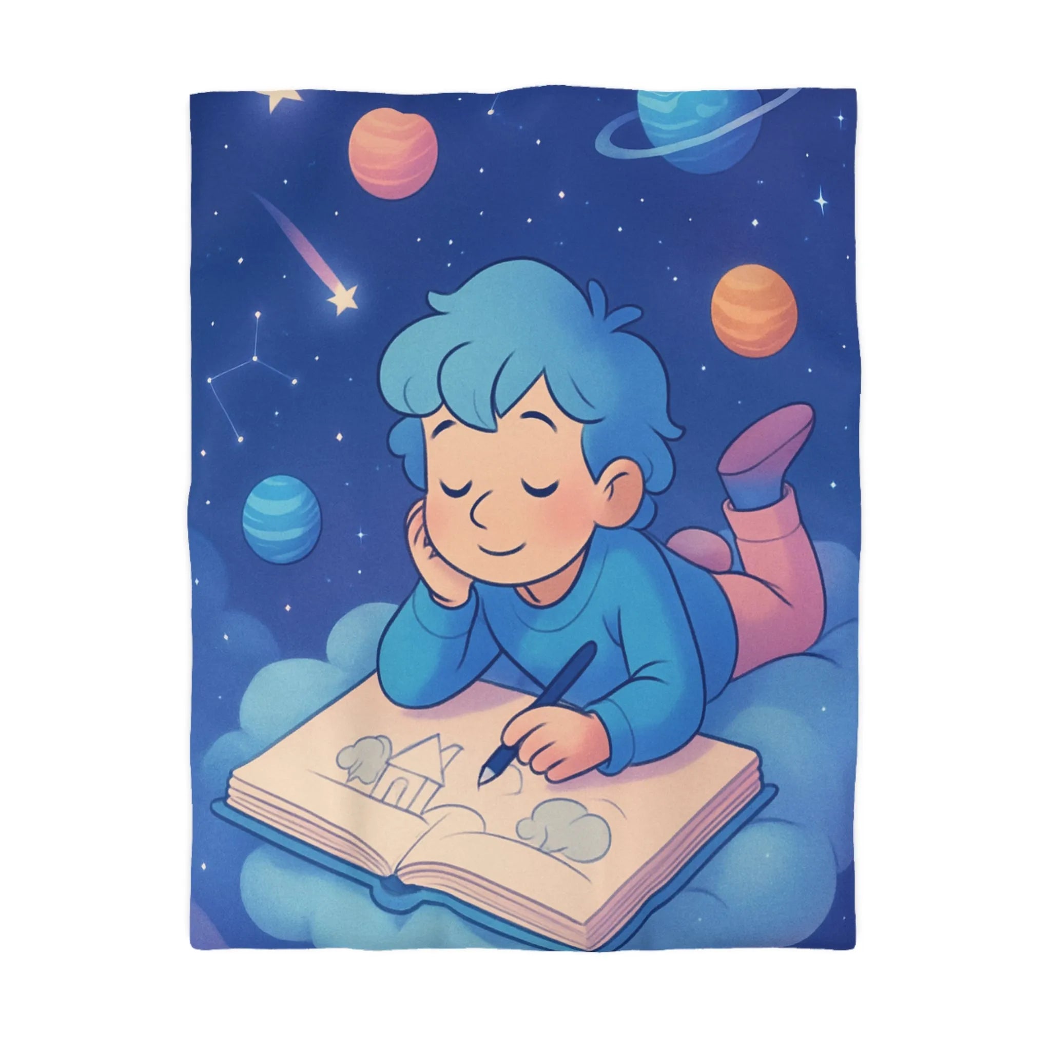 Housse de couette enfant rêve étoilé avec cosmos et garçon sur nuage