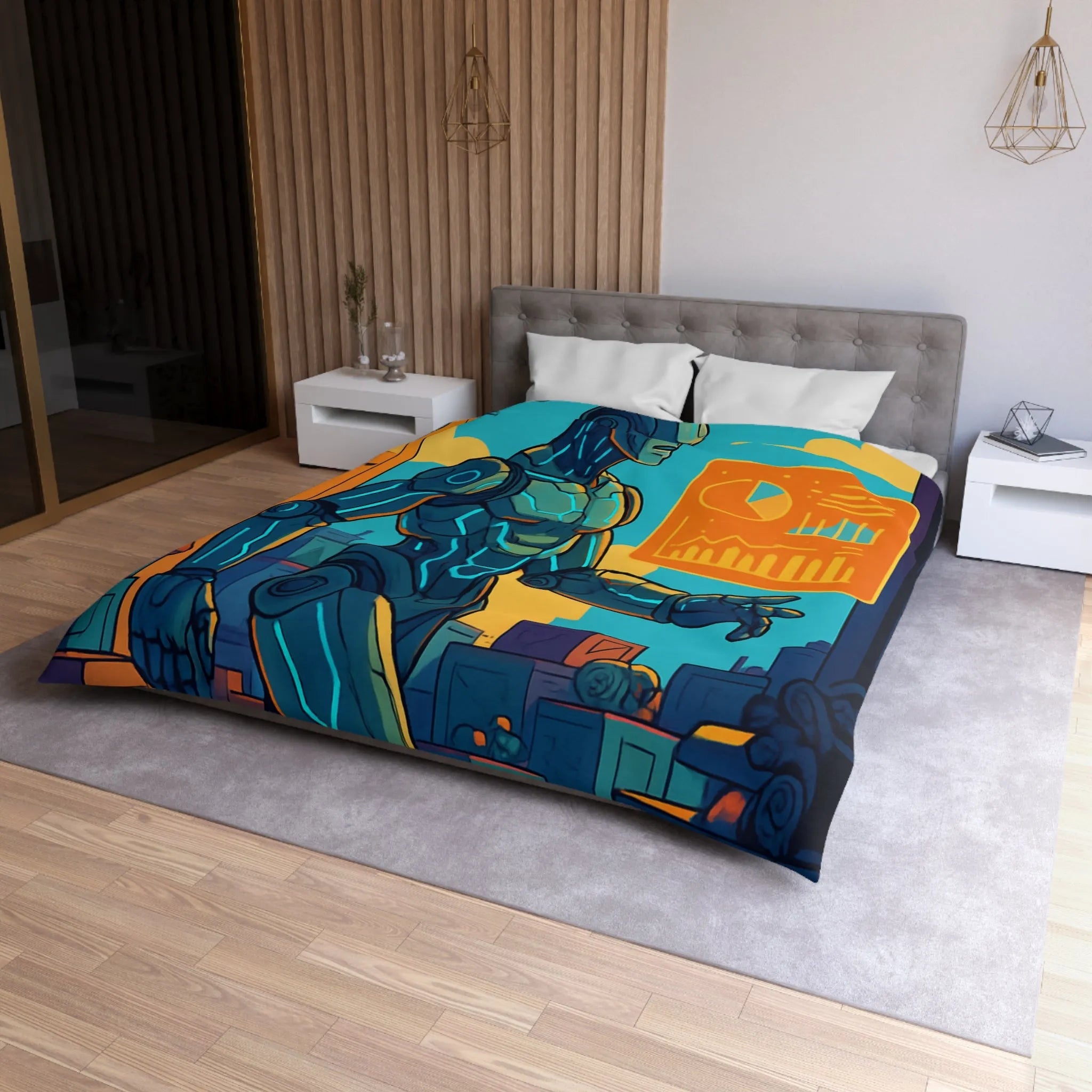 Housse de couette futuriste avec robot et drones, couleurs vives et graphiques modernes