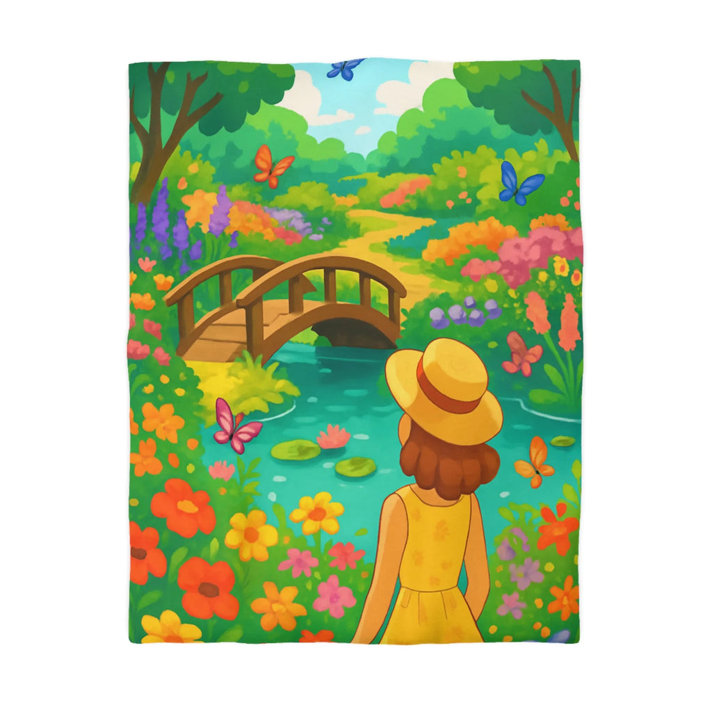Housse de Couette Jardin Enchanté avec Pont et Papillons, Motif Vif et Coloré