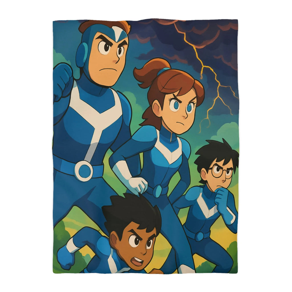 Housse de couette aventure : personnages animés et ciel orageux captivant pour chambre dynamique