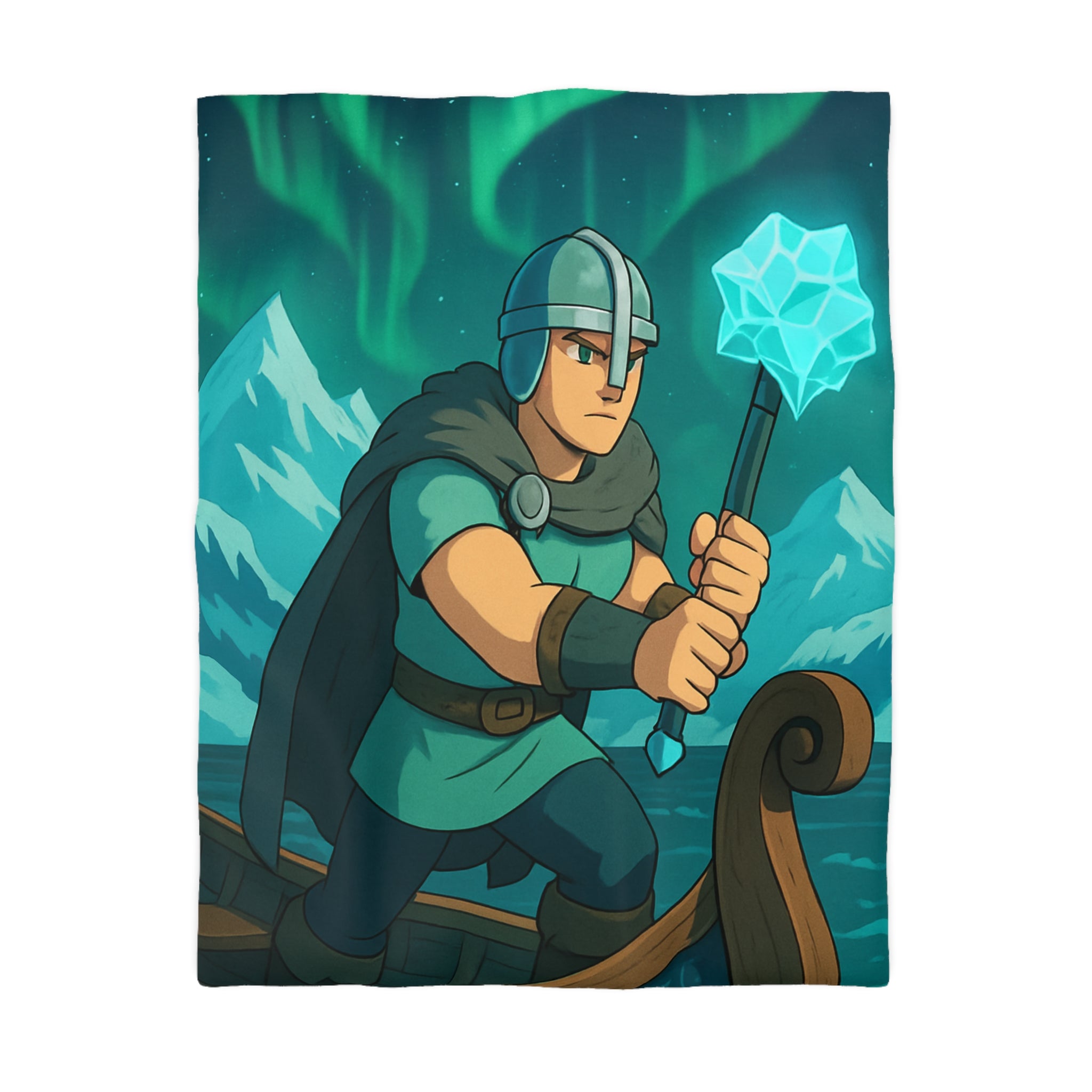 Housse de couette viking avec aurore boréale, bateau en bois et montagnes enneigées