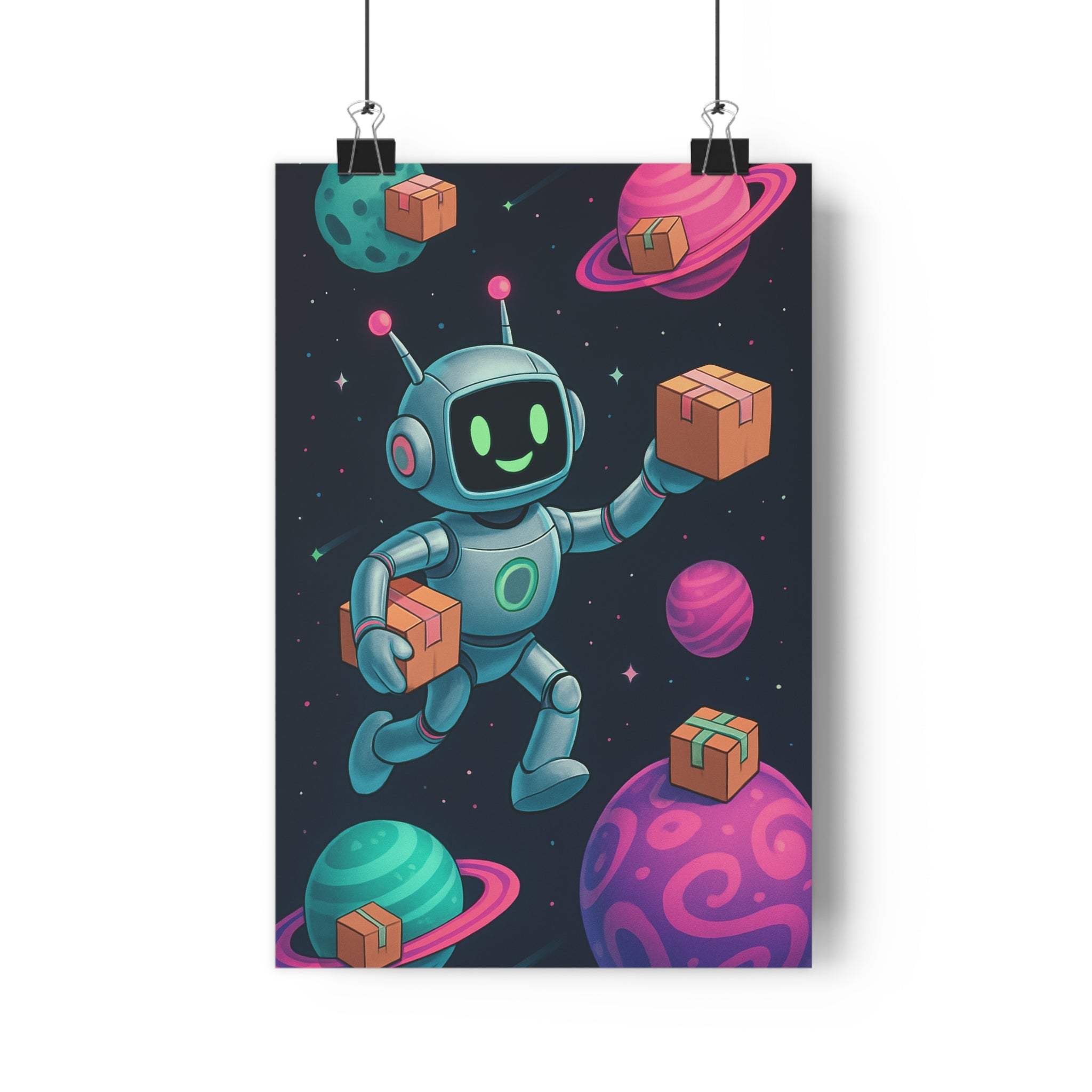 Poster décoratif futuriste robot rose vert cartoon chambre enfant bureau ludique créatif 30x46 cm