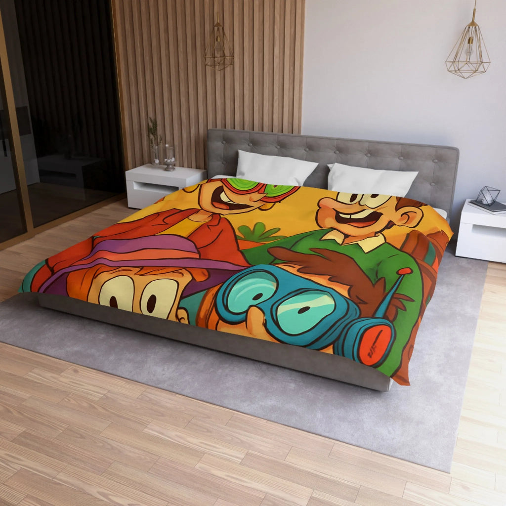 Housse de couette joyeuse avec une famille amusante et colorée, lunettes originales