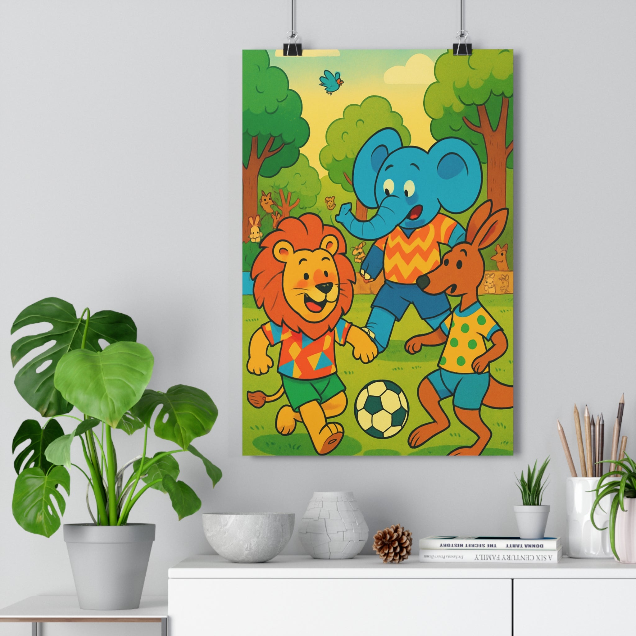 Poster décoratif animaux cartoon football lion éléphant kangourou joyeux coloré enfant chambre orange vert