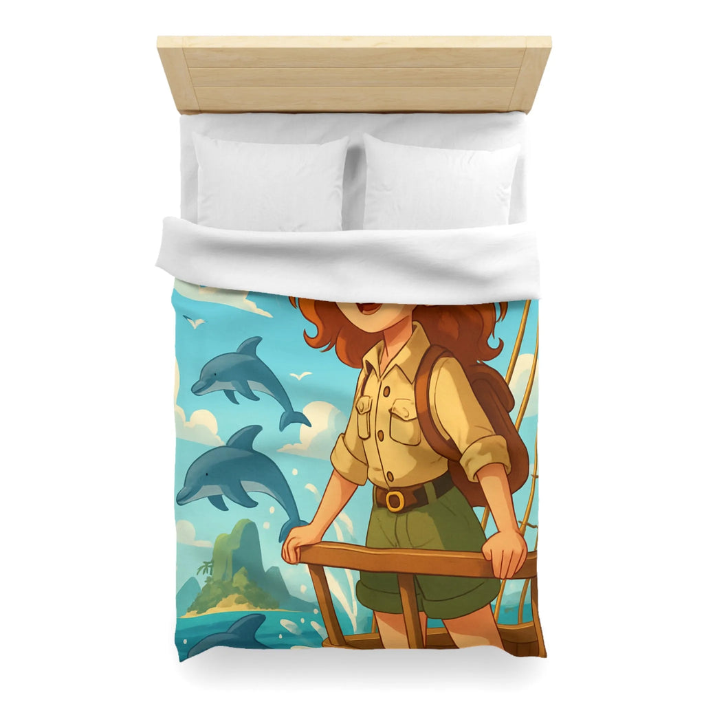 Housse de couette aventure nautique enfantine avec dauphins, voile et exploration marine animée