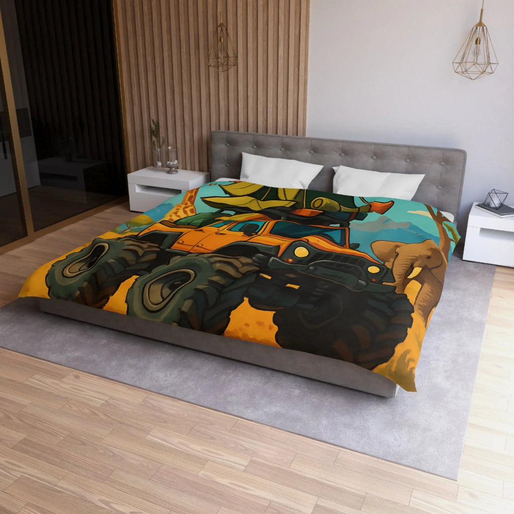 Housse de couette colorée avec véhicule tout-terrain et animaux dans la savane africaine