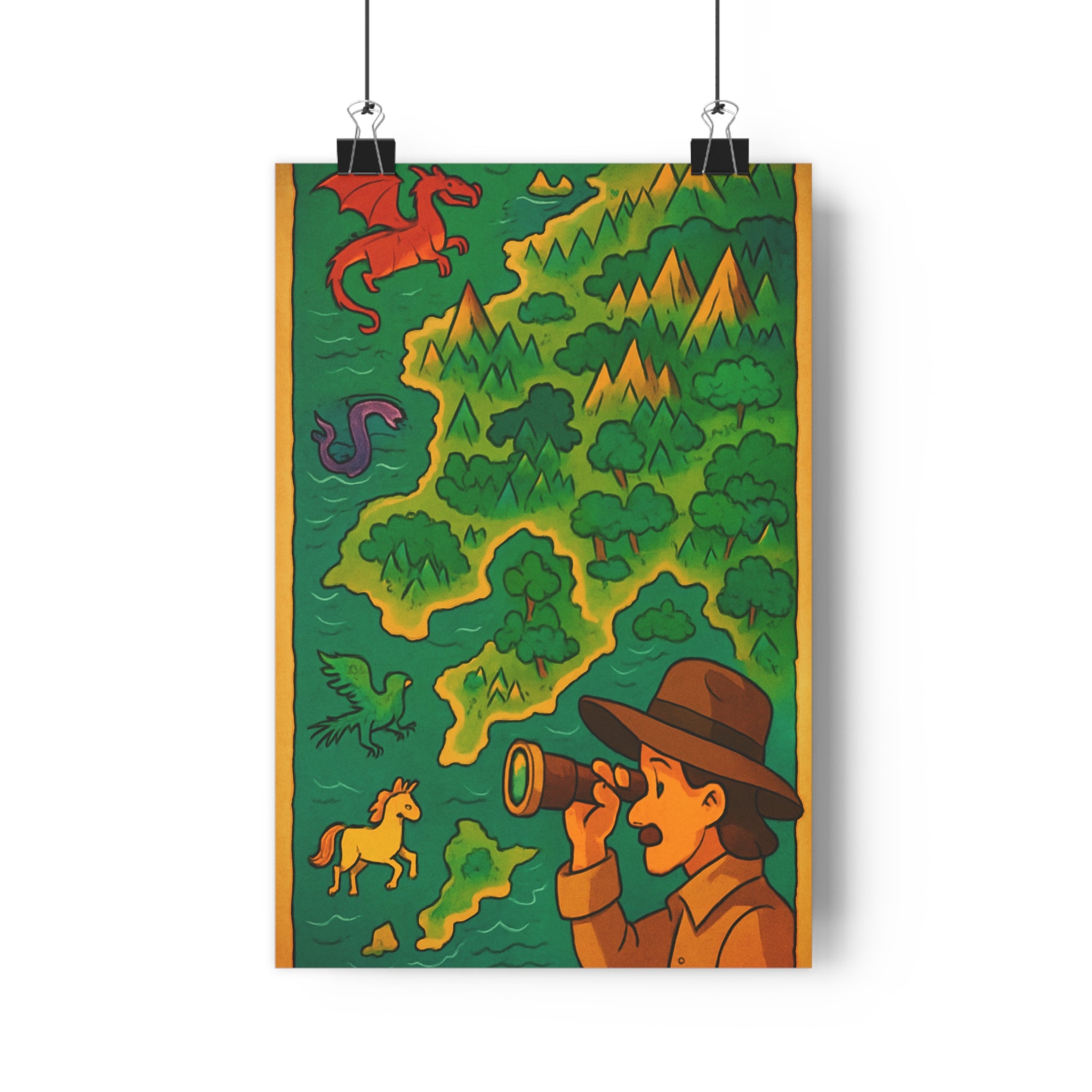 Poster décoratif aventure fantastique carte dessin animé dragon rouge île explorateur mystique chambre enfant