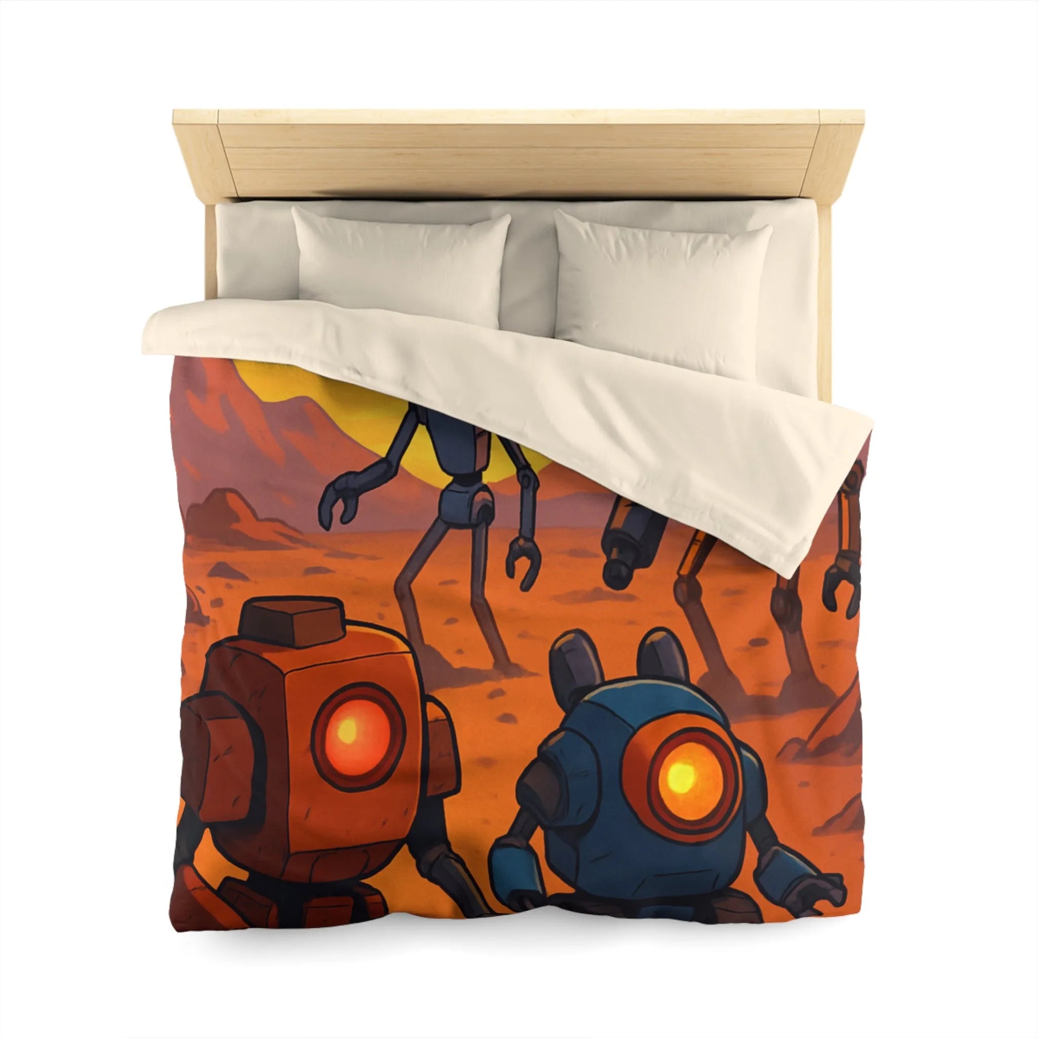 Housse de couette avec robots colorés dans un paysage désertique au coucher du soleil