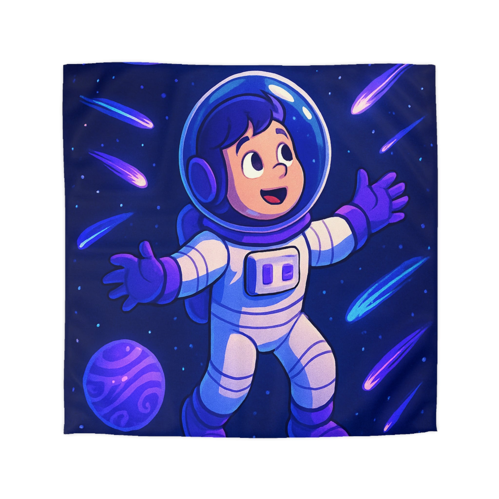 Housse de couette enfant thème espace avec astronaute et planètes colorées violettes