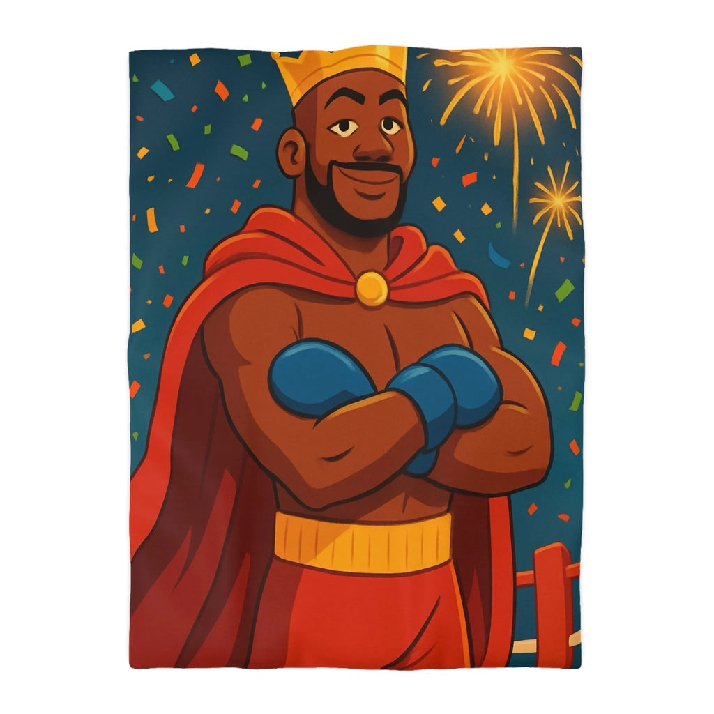 Housse de couette colorée avec boxeur couronné, cape rouge et feux d'artifice