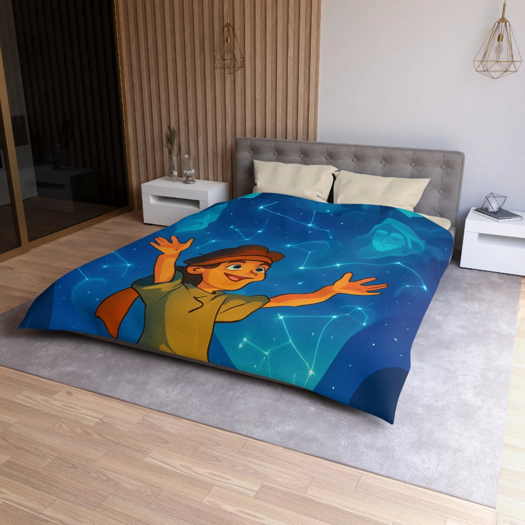 Housse de couette illustrée nocturne avec enfant, robot et constellations célestes inspirantes