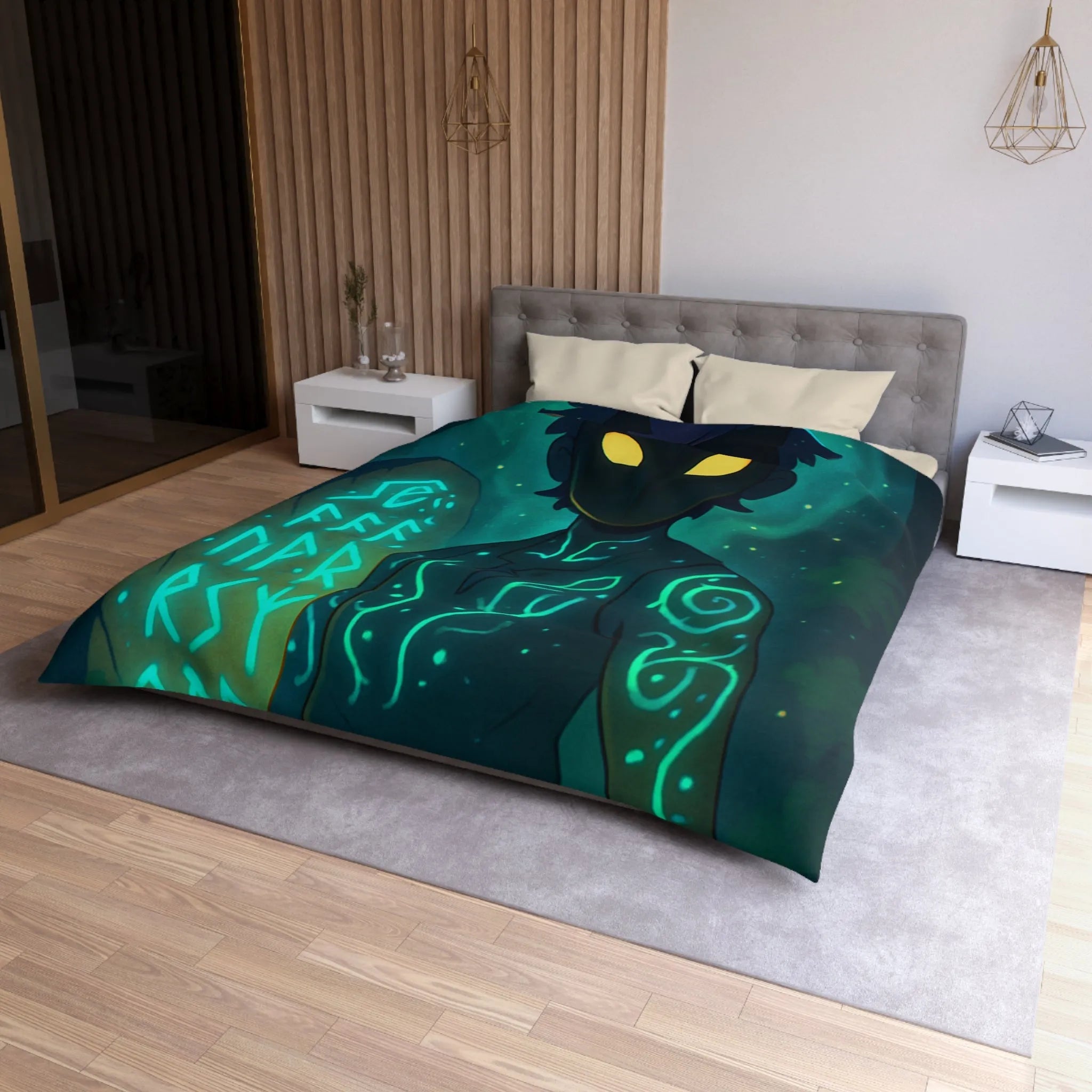 Housse de couette enchantée avec personnage masqué et runes dans une forêt mystique