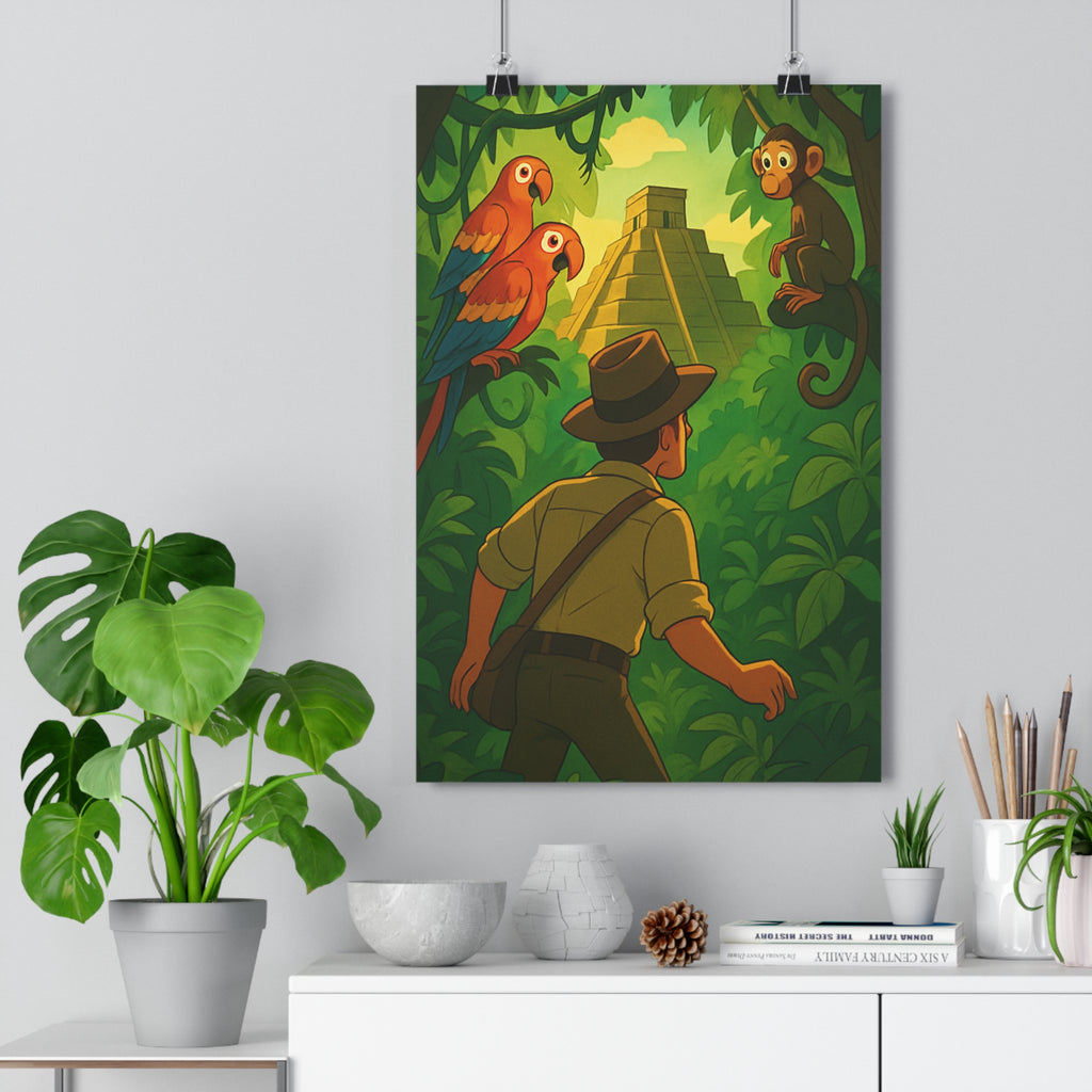 Poster décoratif jungle vert mystique aventure salon chambre vibrant exotique explorateur temple perroquet singe